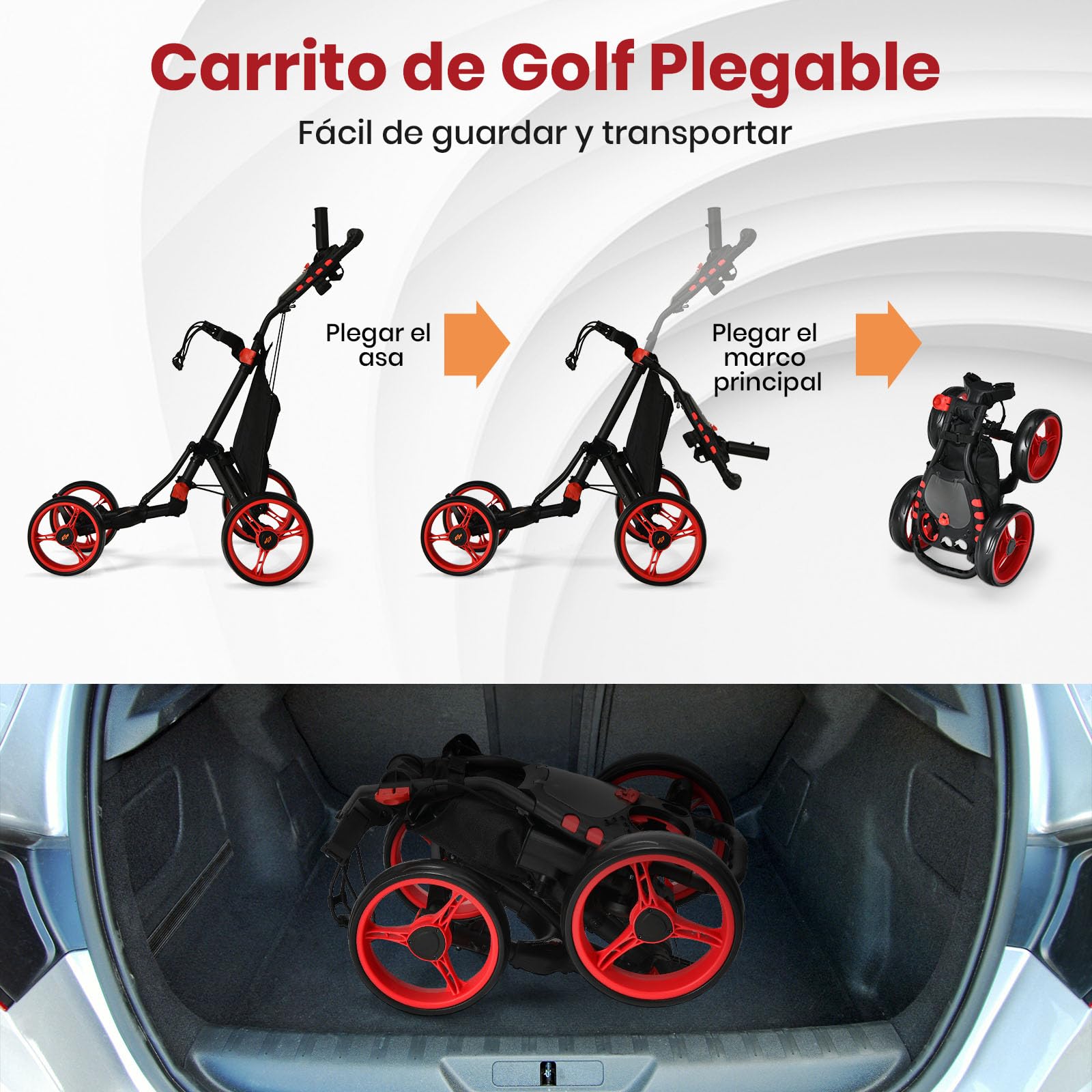 GOPLUS Carrito de Golf Plegable con 4 Ruedas, Carro Golf Ligero con Bolsa Impermeable, Freno de pie, Soporte para Paraguas Ajustable, Portavasos y Asa Ajustable, 110 x 100 x 65 cm