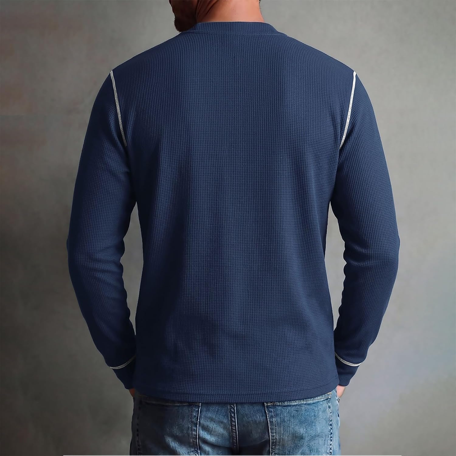 Men's Casual Waffle Shirt Chest Pocket Long Sleeve Henley Pullover