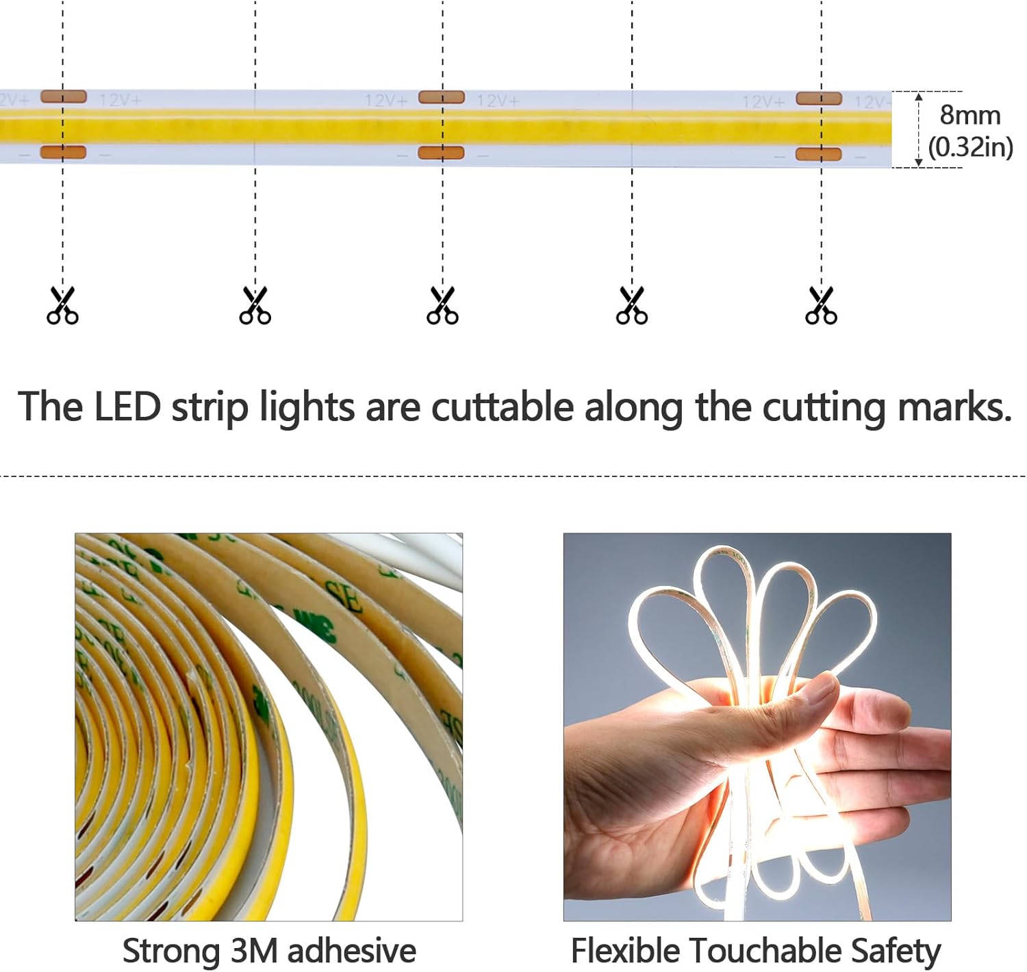 GOMING Motion Sensor COB LED Light Strip 16.4ft(5M) Cool White 6000K 3 Lighting Modes 3 Timing Off Modes 3 Brightness Modes with Power Adapter for Kitchen Cabinets Stair Showcase Bedroom Bed