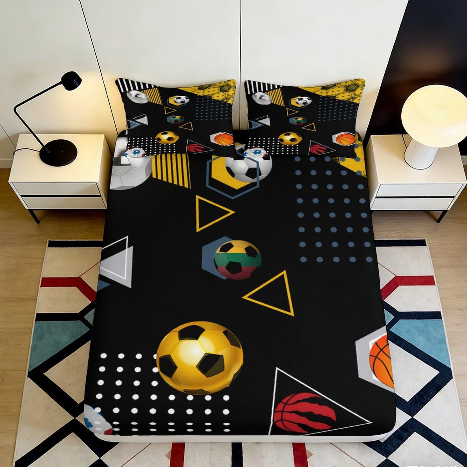 Jqzkxnhpbr Style-9 3D Printed Football Pattern Fitted Sheet Microfiber Soft Mattress Cover For Bedroom Guest Room Decor Black 90X200x25cm