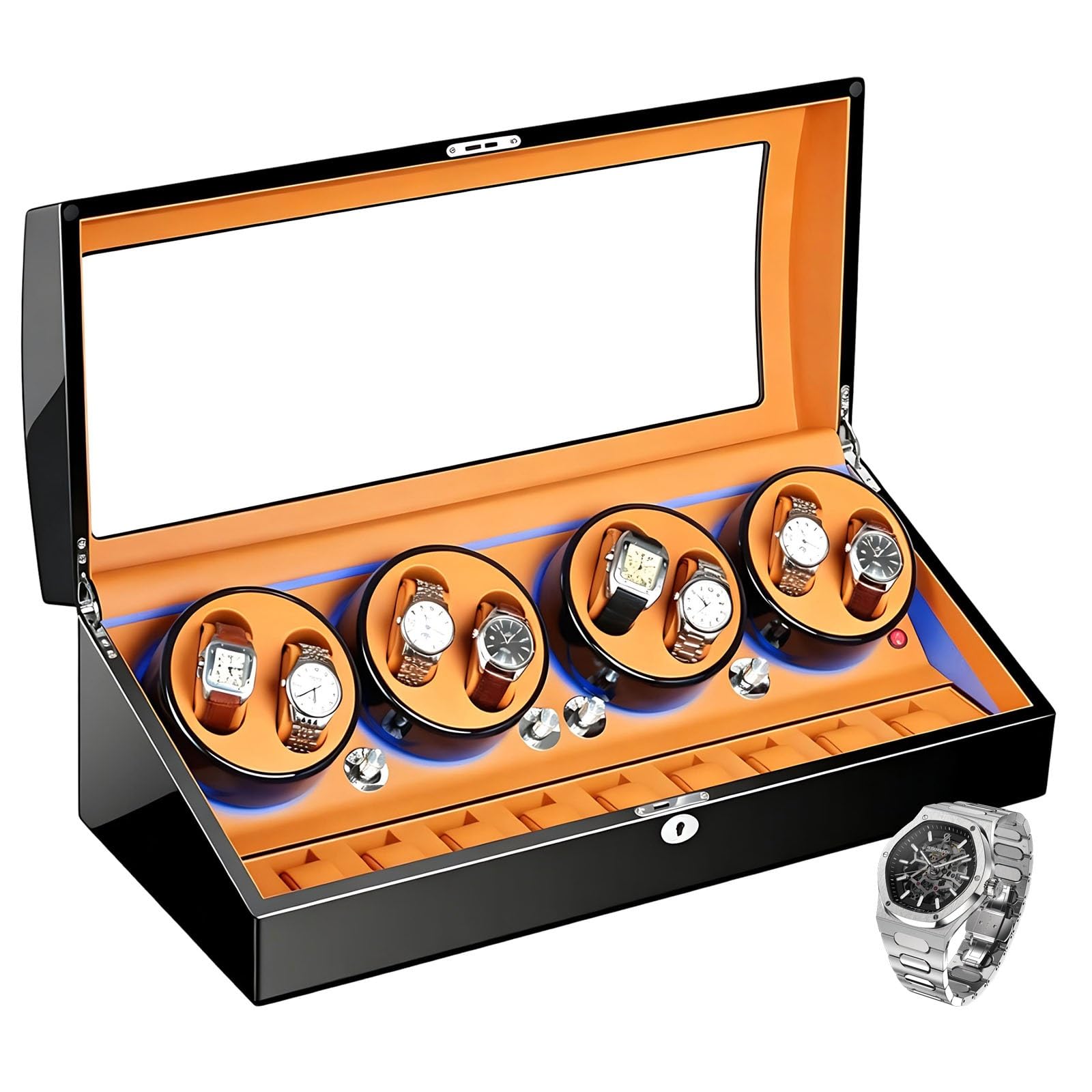 Watch Winder na 8 Zegarków z 9 Slotami, XXL Rotomat na Zegarki Automatyczne, Pudełko z Cichym Silnikiem i Niebieskim LED, Luksusowy Prezent dla Dużej Kolekcji