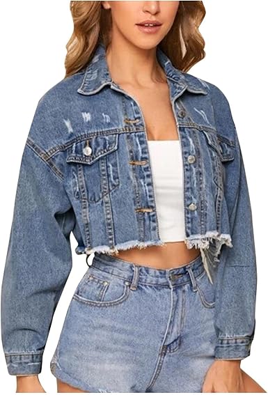Chaqueta vaquera retro para mujer, de manga larga, con dril de mezclilla  envejecido, para mujer : Ropa, Zapatos y Joyería - Amazon.com