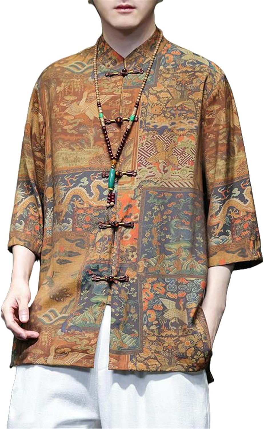 Men's Summer Chinese Style Hanfu Tang Suit Print Short Sleeve Shirt