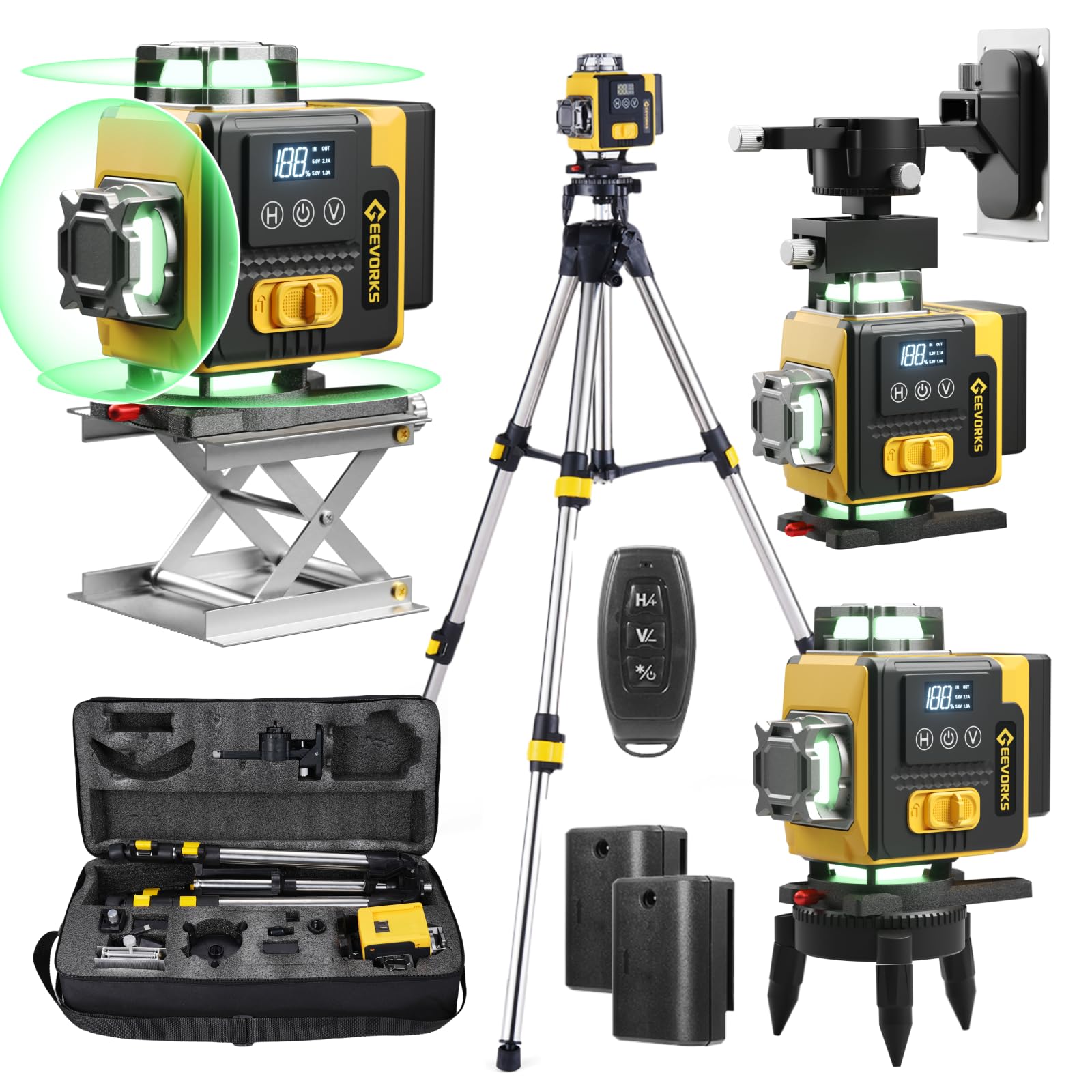 Geevorks Niveau Laser 360 Autonivelant, 4D 16 Lignes Autonivelant, Portée 25m avec Trépied 1.2m, 2x2400mAh Batteries, IP54 avec Télécommande & Support Mural