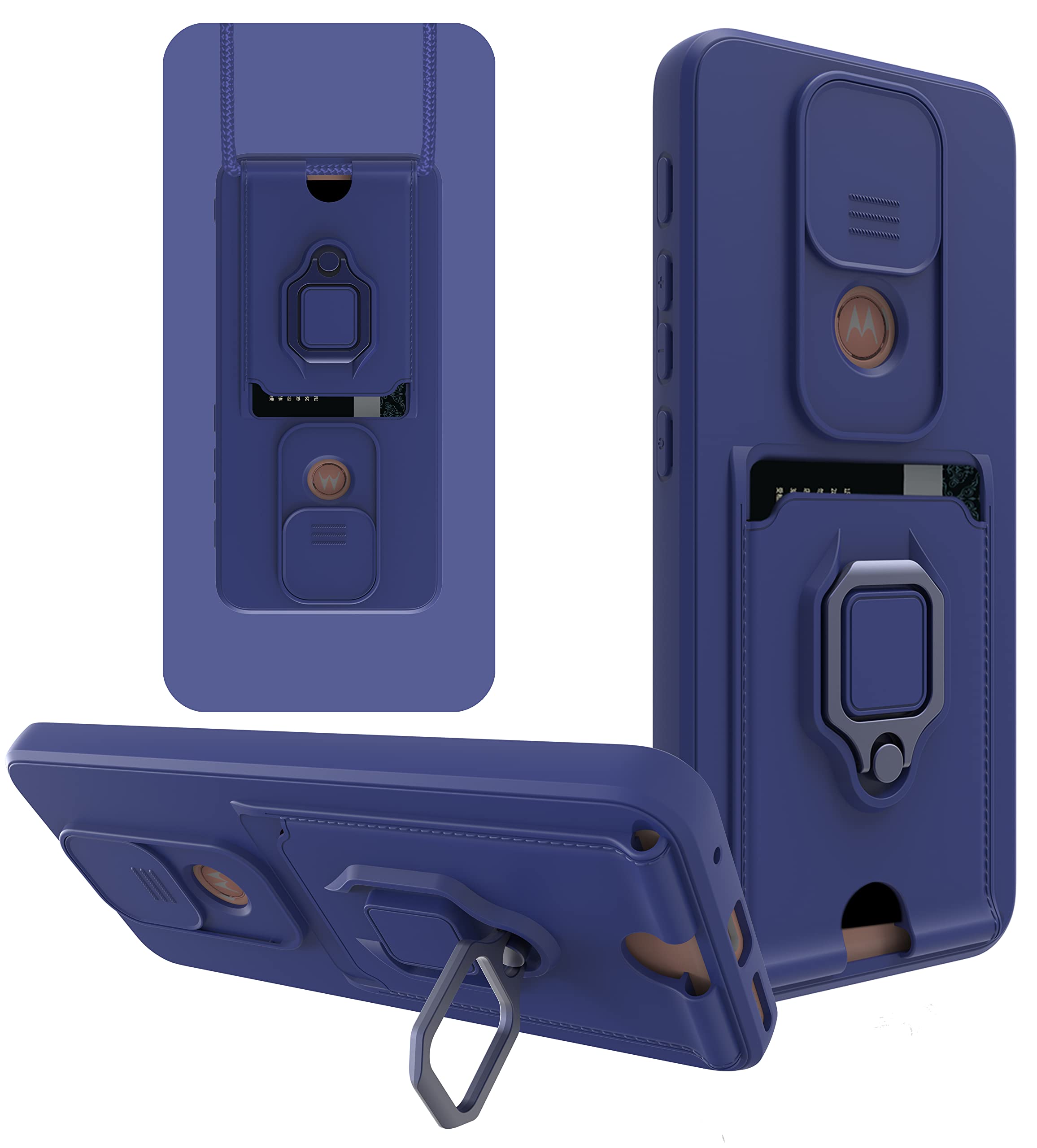 ShinyCase for Motorola Moto G9 Play Phone Case Premium Bumper Case with Slide Camera Cover and Ring Kickstand Card Slot Lanyard Silicone TPU Shockproof Phone Case for Motorola G9,Moto G9 Play,Blue