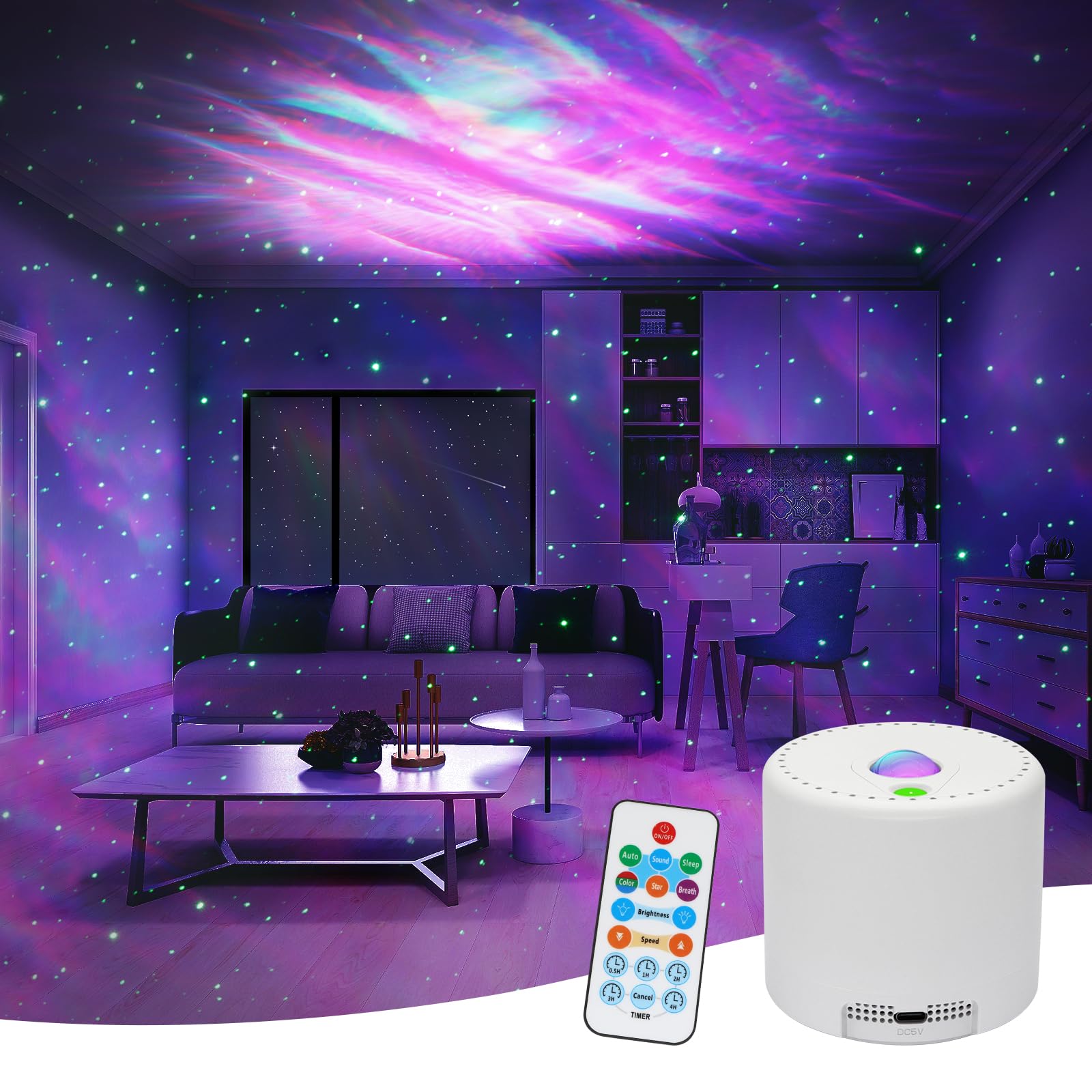SUNFUCAN Star Projector unit on a surface, projecting lights.