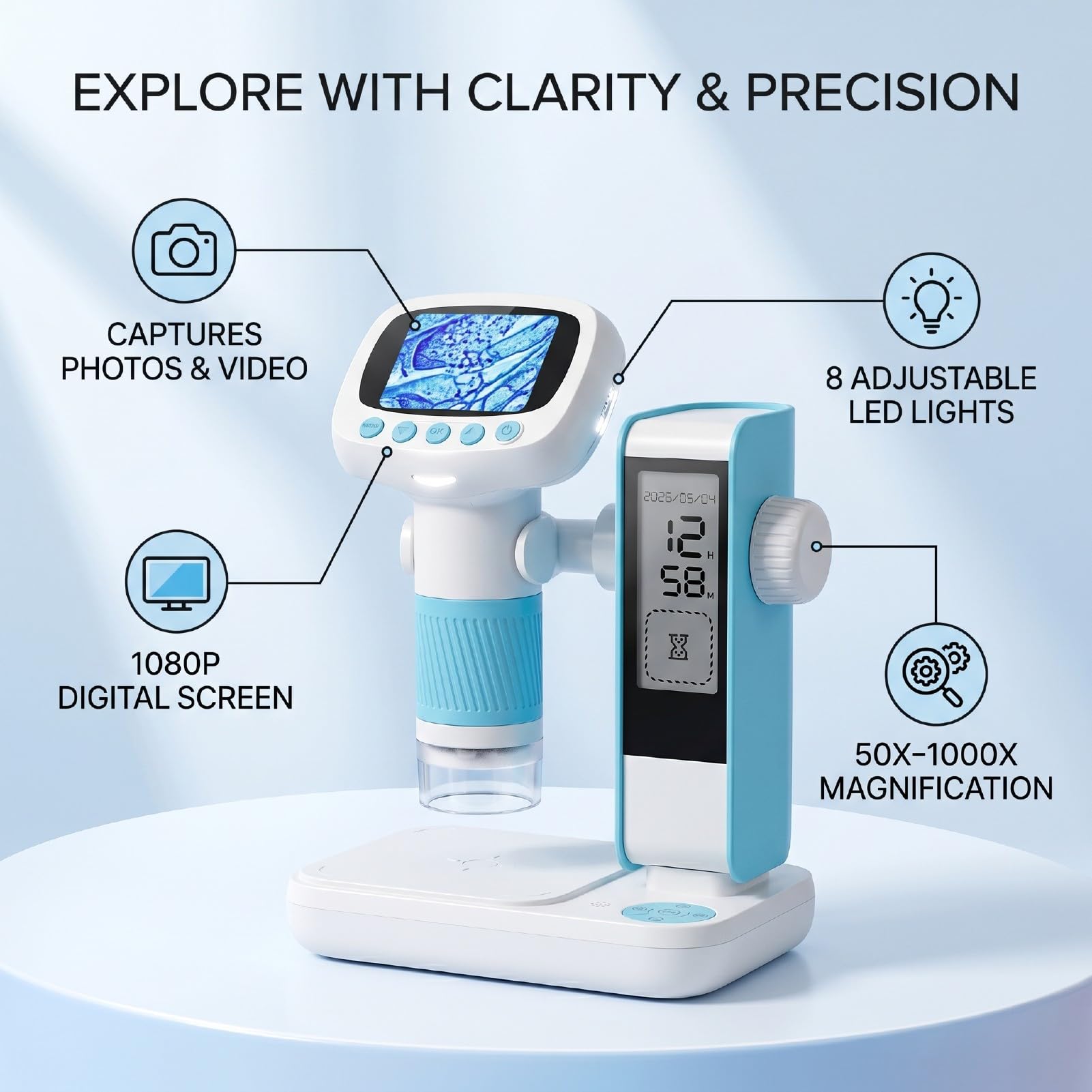Srliya Microscopio Digitale Portatile 1080P 1000X Telecamera di Ispezione per Microscopio Portatile USB Regolabile con 8 Luci a LED per Bambini Adulti