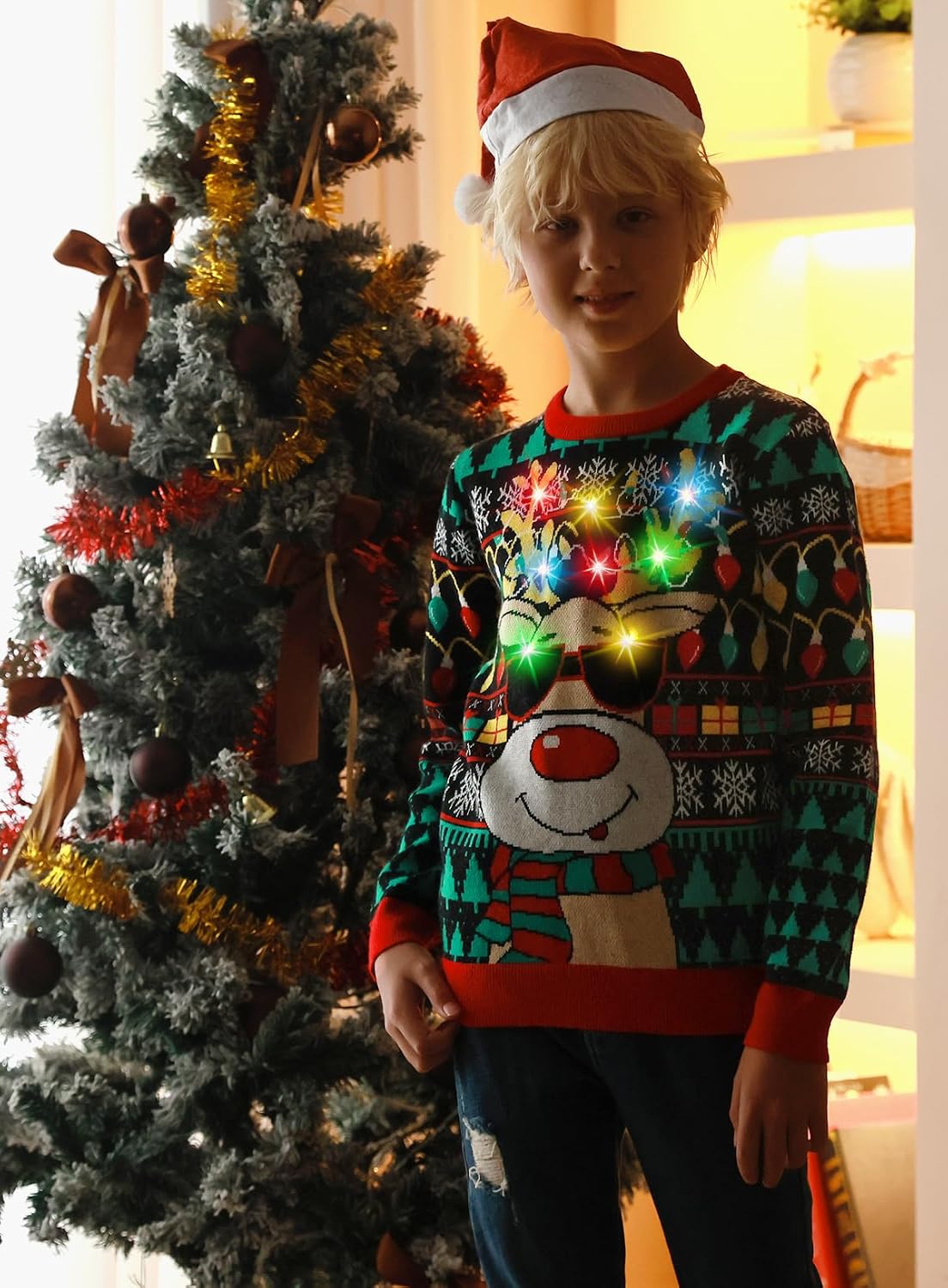 Boys Girls Ugly Christmas Sweater Kids LED Light Up Sweaters 13-14Y