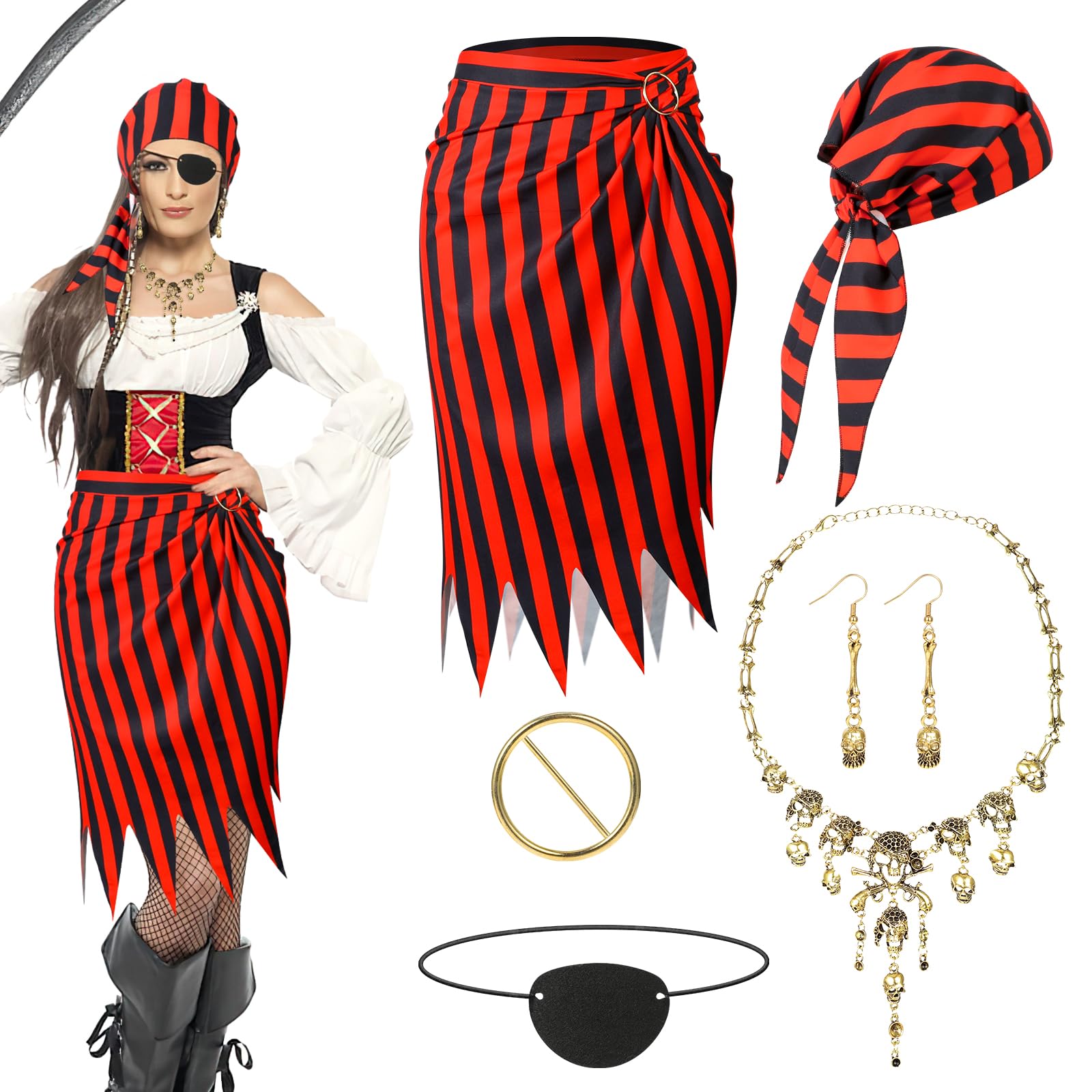 Beipegin Adult Women Pirate Costume - Hat, Skirt, Eye Patch, Necklace, Earrings - Pirate Accessories for Party or Fancy Dress