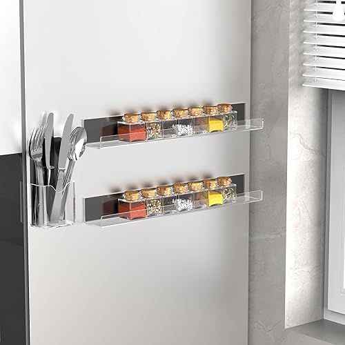 Miniatura 7 de PMMASTO Estante de especias acrílico magnético movible para refrigerador y horno, estante de refrigerador, organización y almacenamiento de cocina