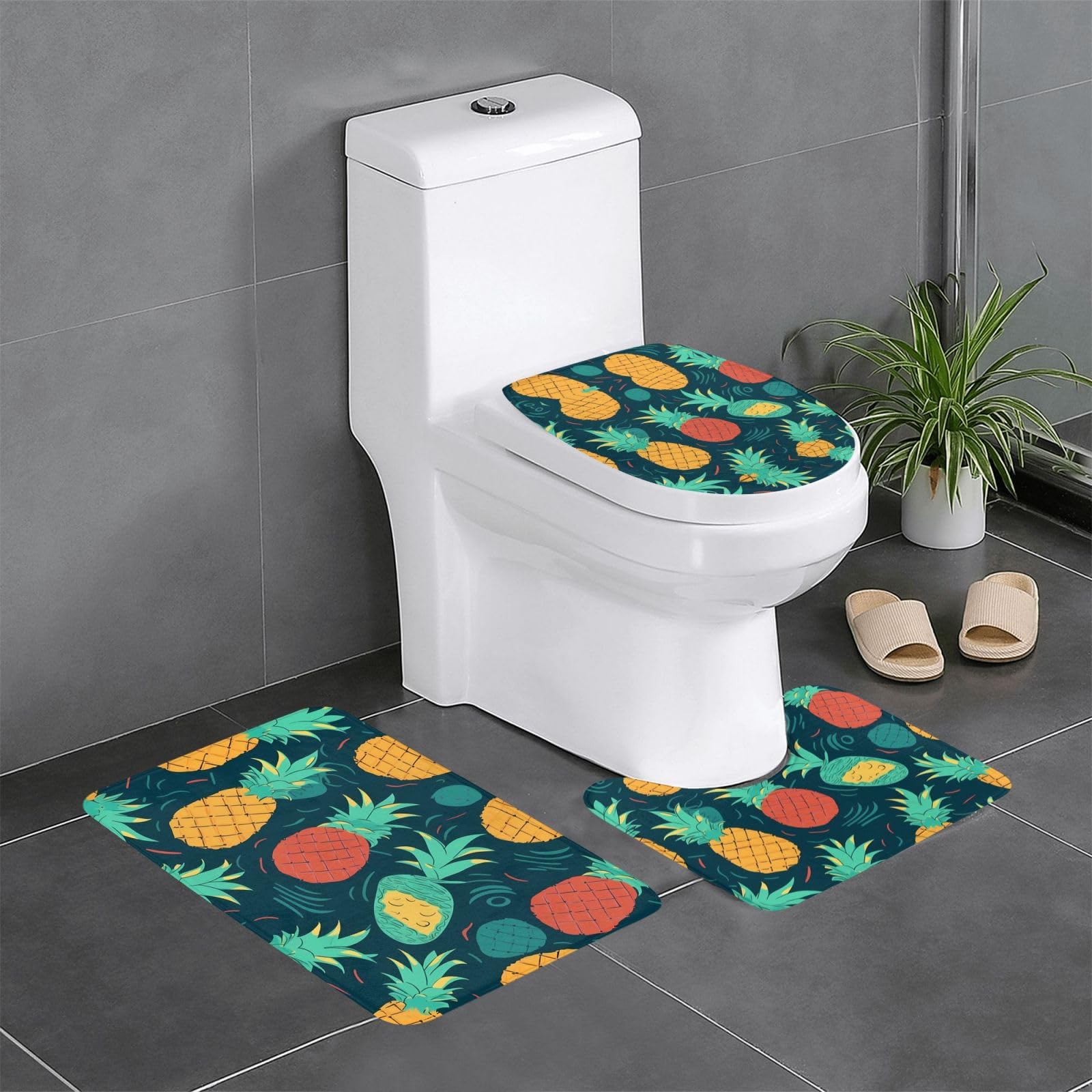 Tapis de salle de bain antidérapants lot de 3 avec motif ananas rétro pour toilettes et coiffeuse