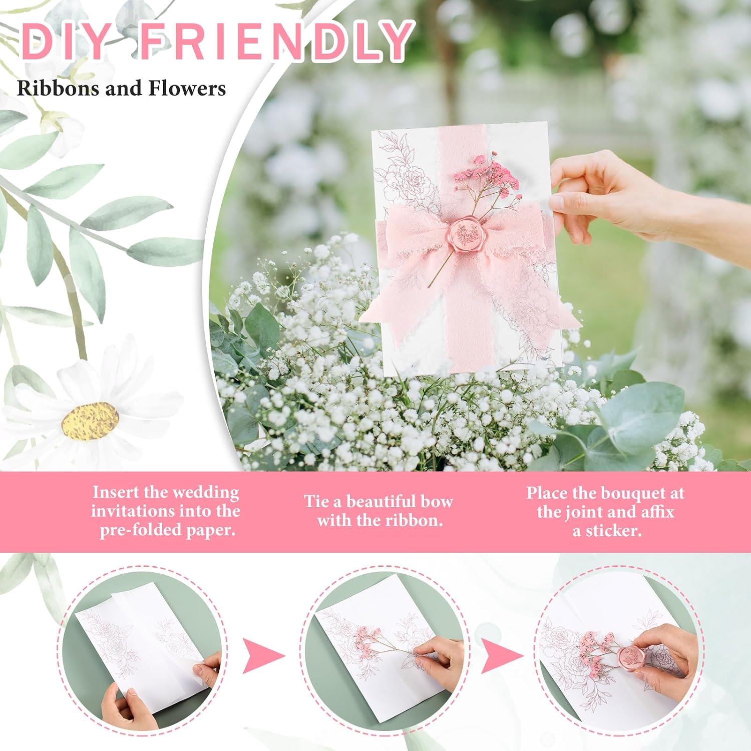 Fullhawl 100 Sets Wedding Invitations Wraps Set Pre Folded Vellum Jackets for 5 x 7 Invitations Dried Flowers Wax Seal Stickers Chiffon Silk Ribbon for Wedding Birthday Bridal Shower Craft DIY (Pink) image 4