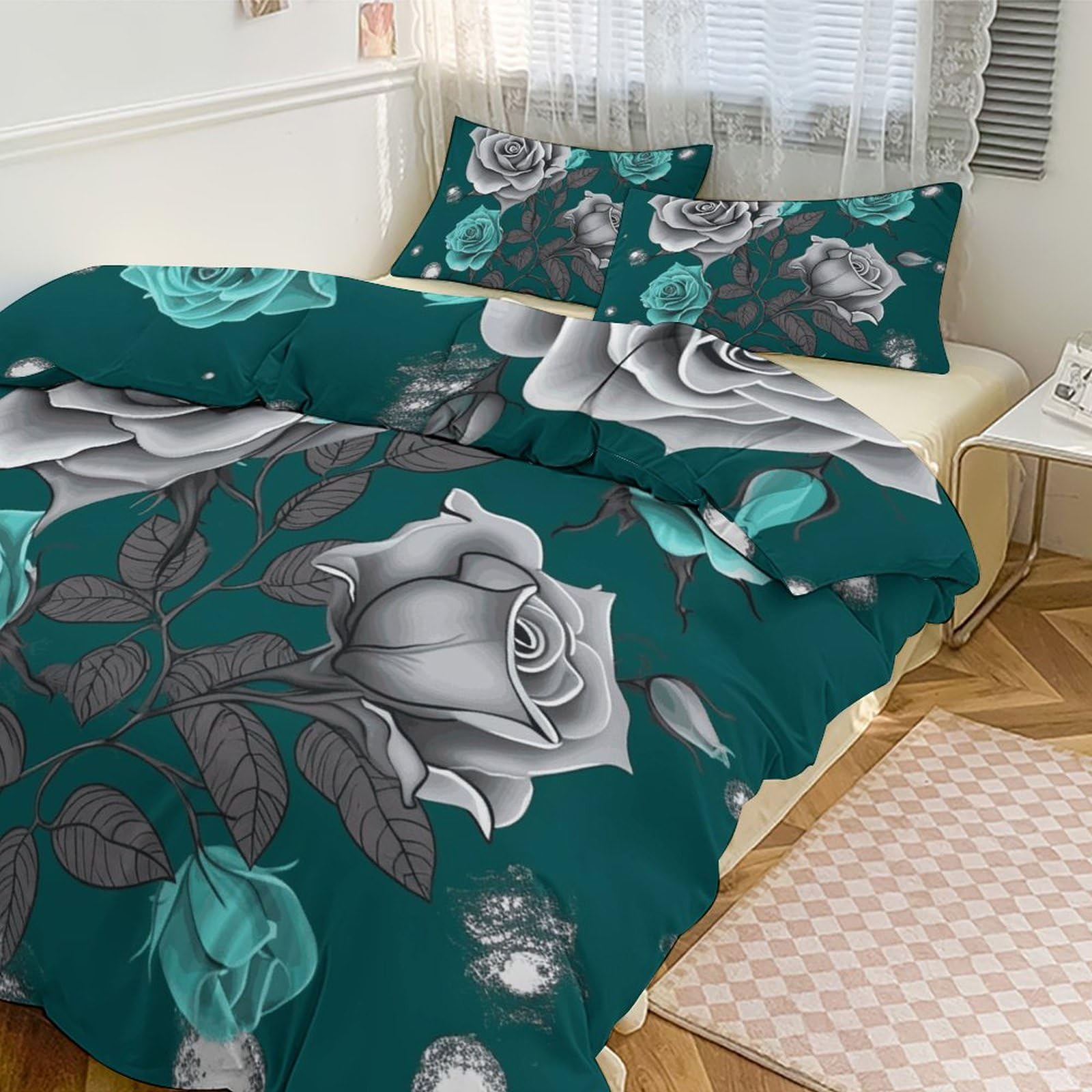 Couette pour grand lit imprimé gris et rose pour réchauffer les nuits de votre chambre d'amis