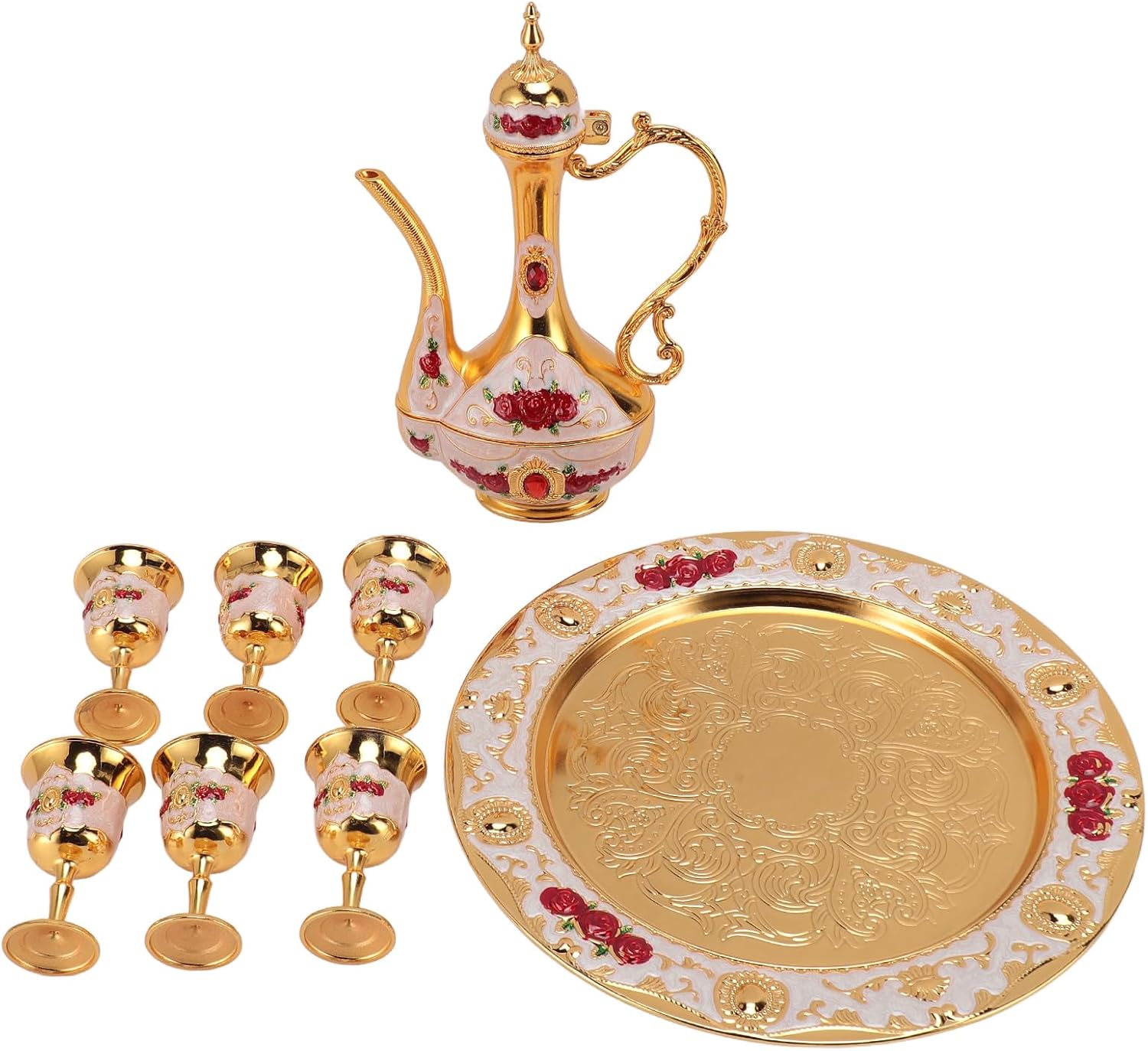 LiebeWH Authentic Vintage Turkish Coffee Pot and Cup Set Rustproof Zinc Alloy Colorfast Elegant Tea Cups for Home Party Banquet Wedding Events (Gold White Red)