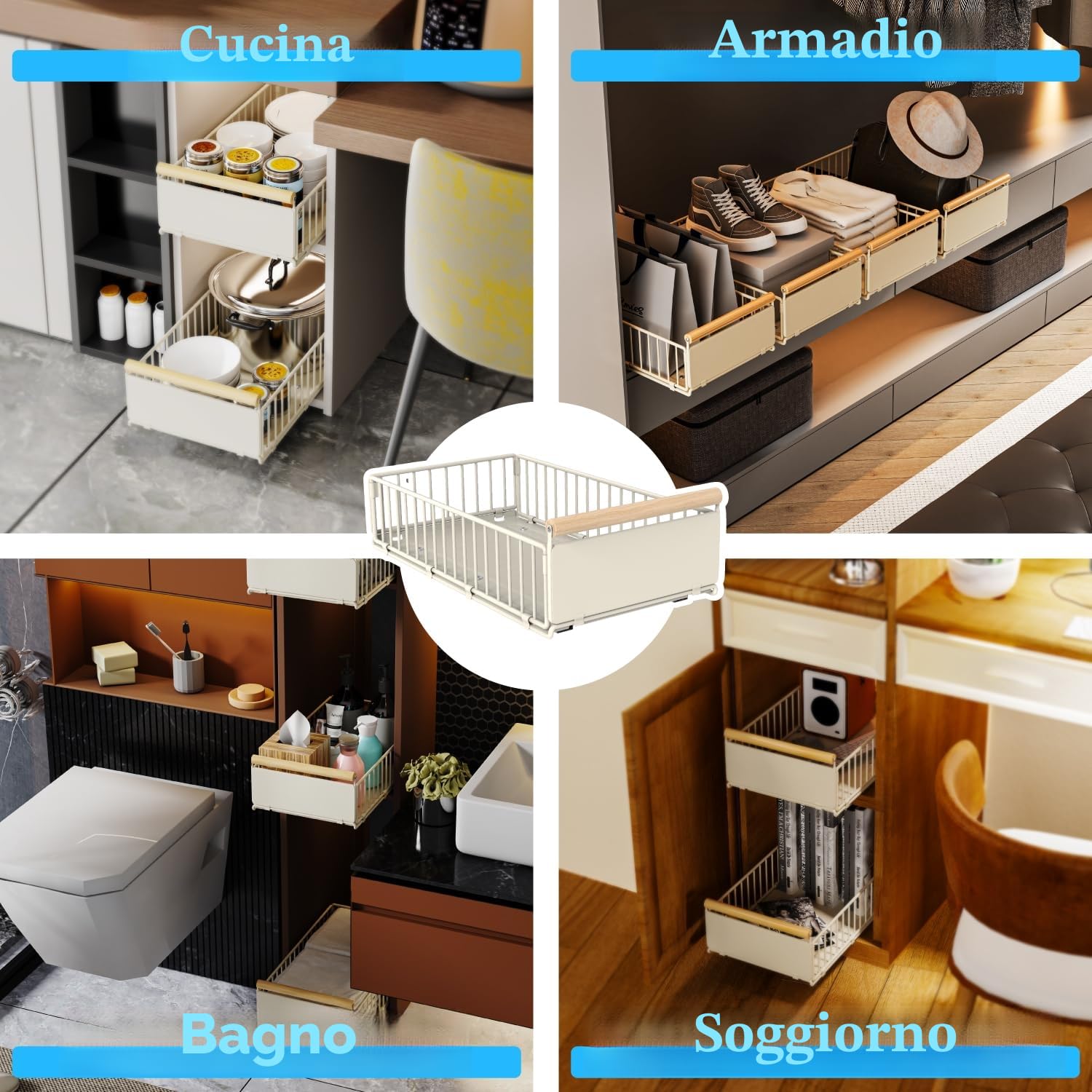 2 cassetti estraibili, cassetti estraibili profondi 53cm per armadi, cassetto estraibile per cucina con pellicola nano adesiva e viti per cucina, bagno, 53cm profondità x 30cm larghezza x 16cm altezza