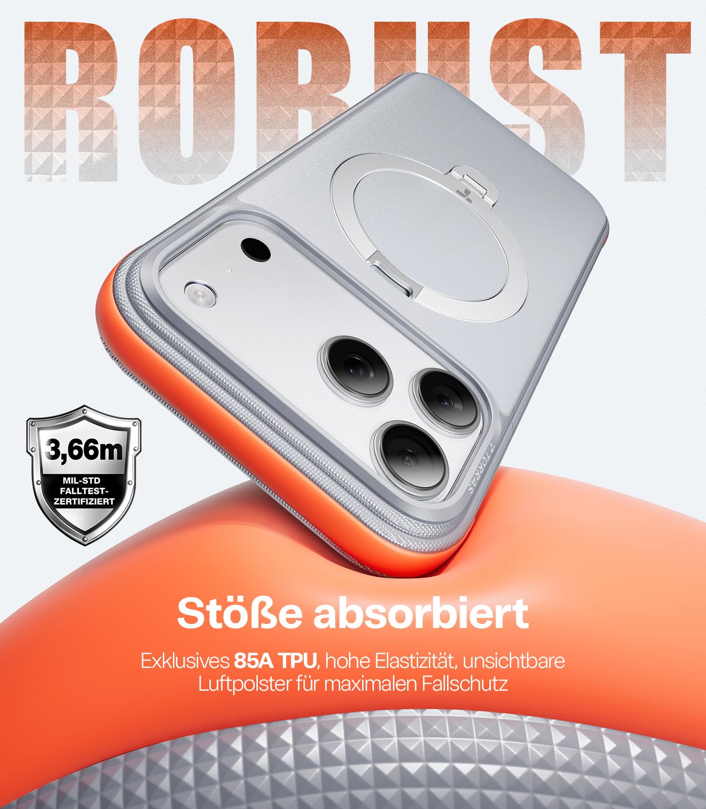 TORRAS Ostand Q3 Rugg für iPhone 17 Pro Max Hülle, Extrem rutschfest & 360° Ständer für MagSafe, Stoßdämpfende 85A TPU Kanten, Robuster Fallschutz für iPhone 17 Pro Max Case, Nebelweiß