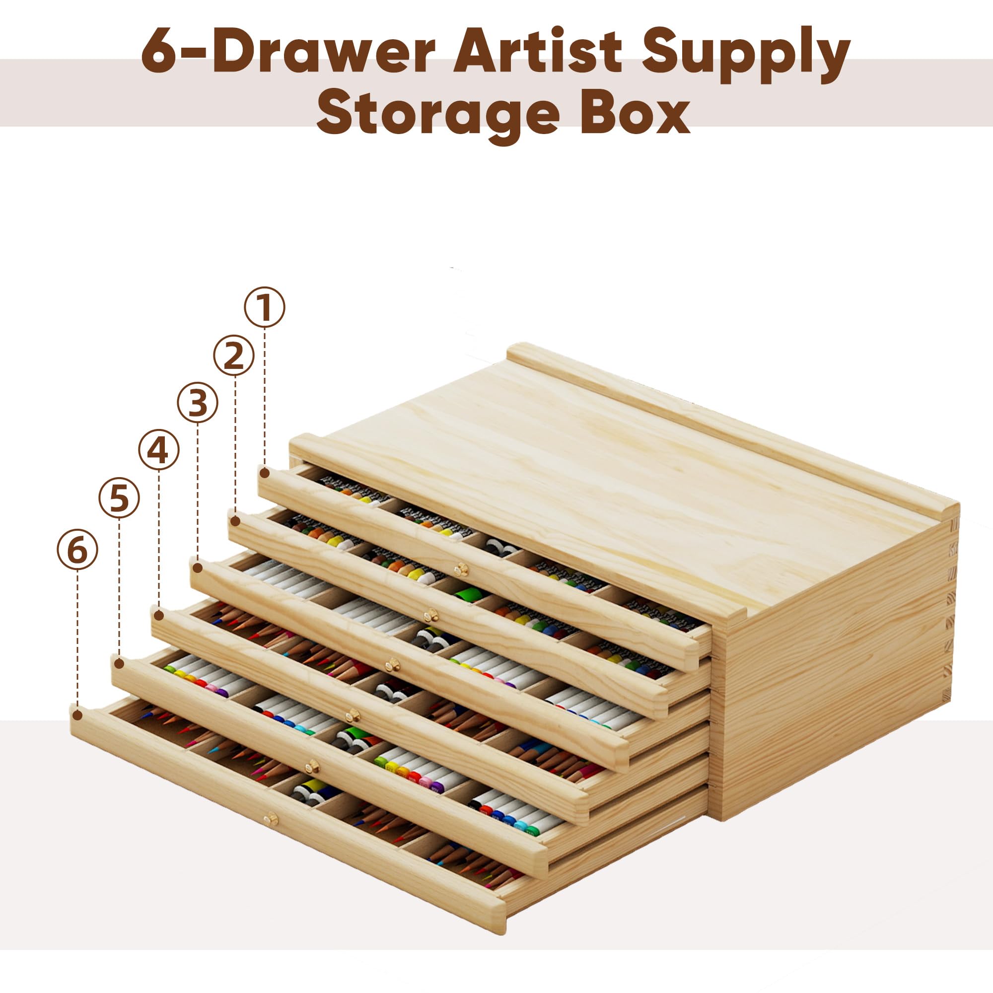 lesolar Aufbewahrungsbox für Künstler, 6 Schubladen, Buchenholz, mit herausnehmbaren Trennwänden, tragbarer Pinselhalter mit Schublade für Farben, Pastellfarben, Bleistifte, Pinsel und Kunstbedarf