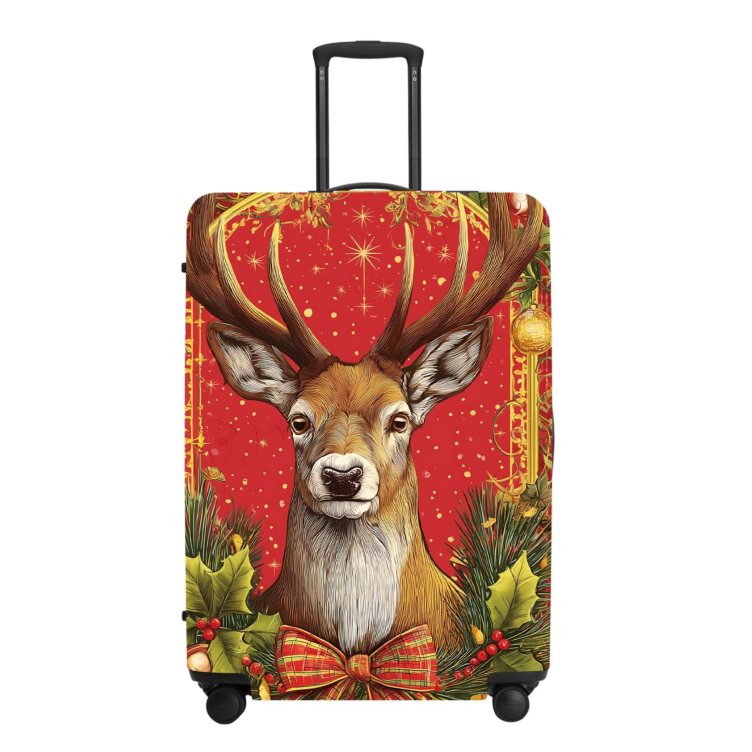 Vintage Plaid Luggage Cover - Red Tartan with Golden Deer and Holly, Classic Stretchable Suitcase Cover 32 34 Inch