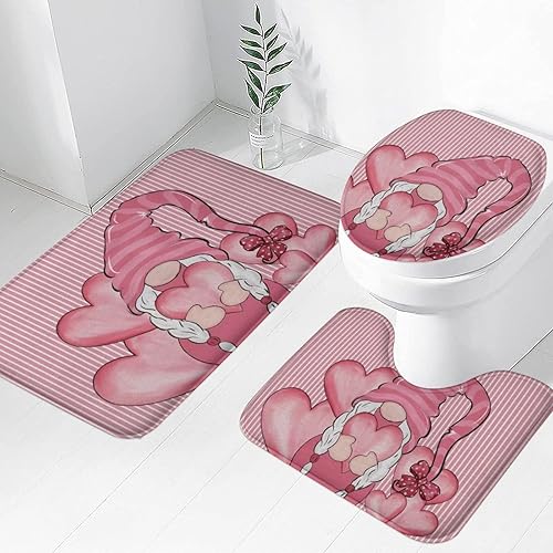 Easternproject Juego de 3 alfombras de baño para el Día de San Valentín, diseño de gnomos y corazones de amor con diseño de gnomos y corazones para