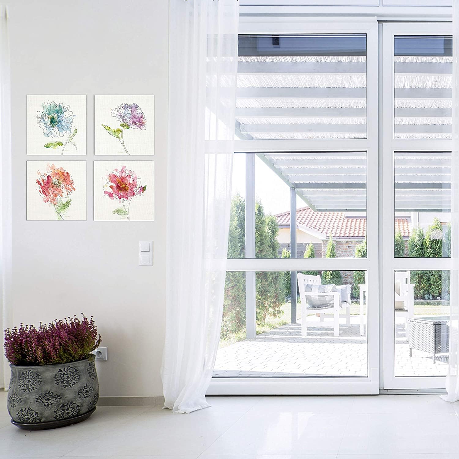 Renditions Gallery Canvas Wall Art, 4 Panels Set 12x12 Inches Each Framed Artwork, Simple Study Flowers Painting Illustration Pictures for Bedroom Decoration