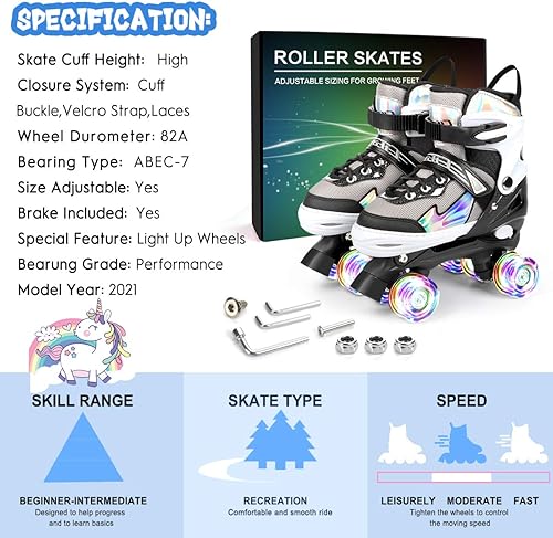Miniatura 6 de Patines para niñas y niños, negro, rosa, morado, 4 tamaños, ajustables, con ruedas iluminadas y diseño superior brillante, patines para niños