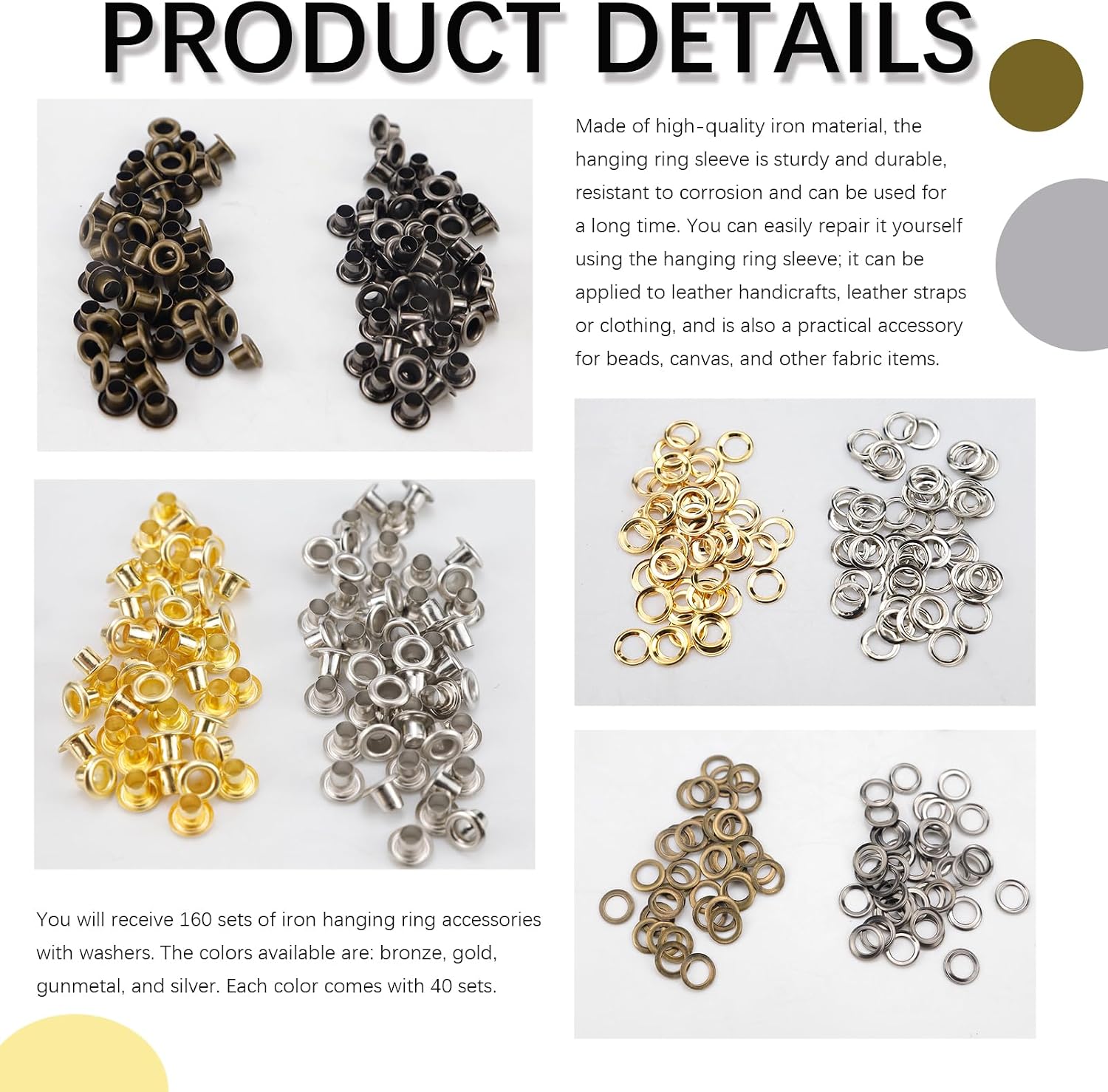 160 Sets of 3mm Metal Eyelets Round Small Grommets in 4 Colors with Washers for Paper Crafts, Fabric Projects, and Leather Belts