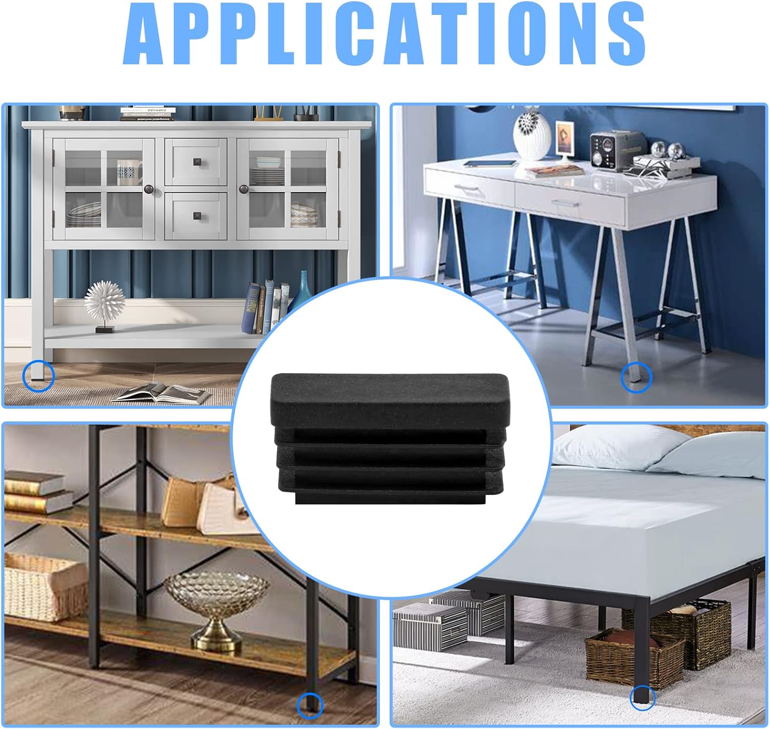 Waziaqoc 32pcs Rectangle Plastic Hole Plugs 1 x 1/2 Inch, Black Tube Insert Plug Cap Rectangular End Caps Floor Protector Tube Hole Cover for Table Chair Legs