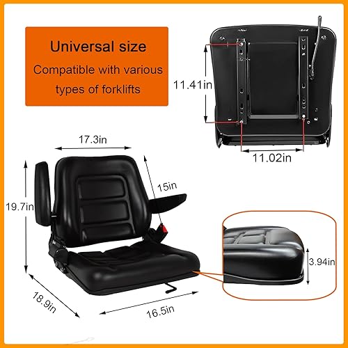 Miniatura 2 de Asiento de carretilla elevadora universal plegable para tractor, cortacésped de PVC negro con ángulo de respaldo ajustable de 180, reposabrazos,