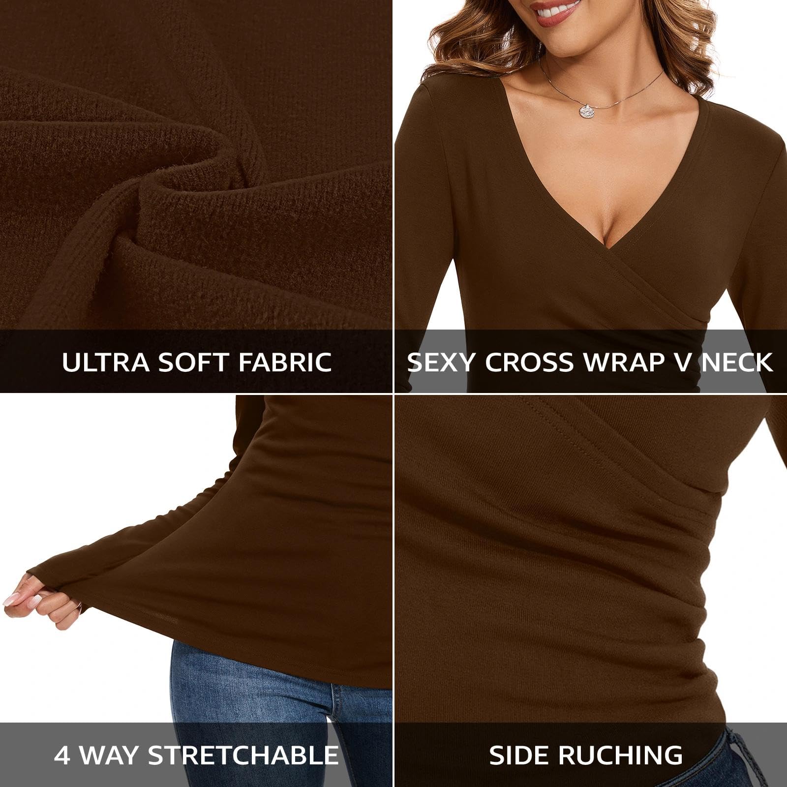 WOWENY Koszulka termiczna dla kobiet, seksowny cross wrap, zimowy sweter, Sweetheart Neck, długi rękaw, bielizna termiczna, podkoszulek z długim rękawem, koszulka polarowa