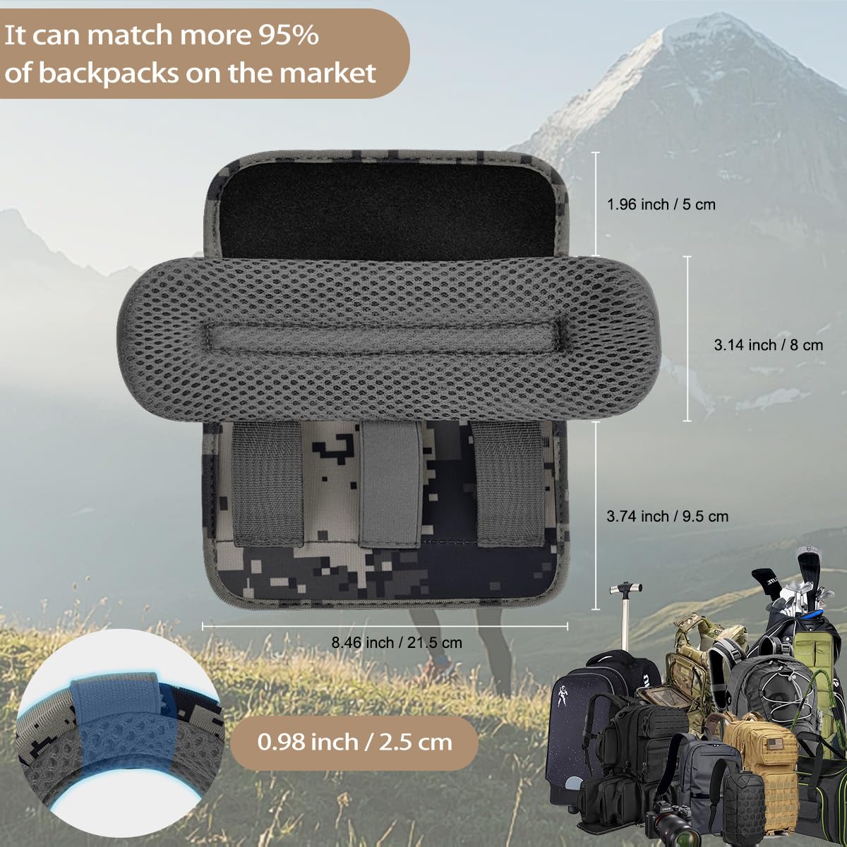 2Pcs Thick Cushioned Shoulder Pads, Featuring Anti-Slip Design and Breathable Mesh,Extra Wide Padding for Shoulder Straps and Luggage Belts,Soft and Comfortable for Enhanced Support,Camouflage gray