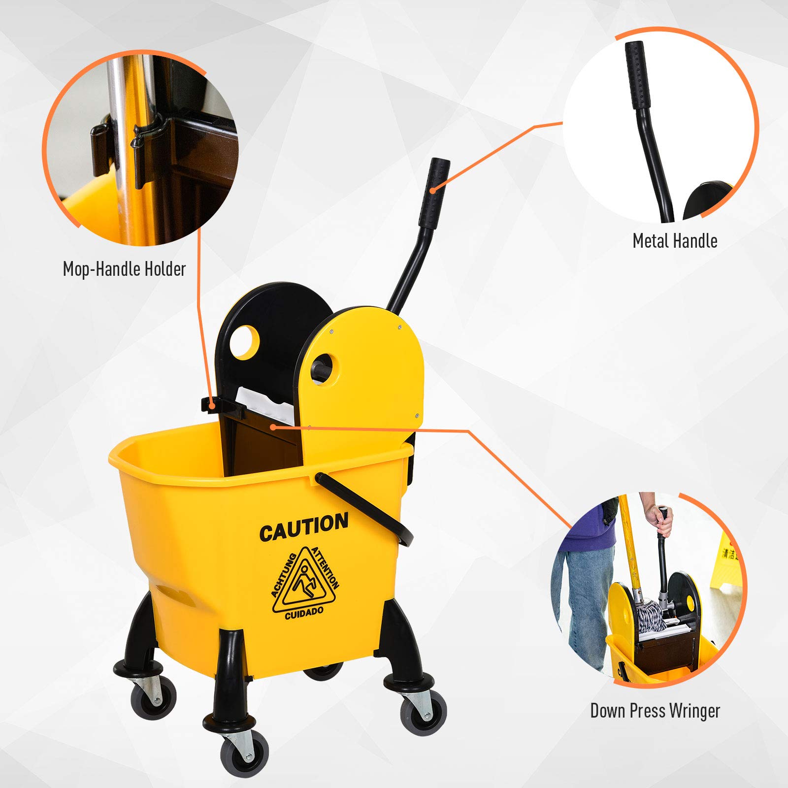 HOMCOM Cubo de fregona de 26 litros y escurridor de Agua con 4 Ruedas, Cuerpo de plástico, Mango de Metal, Soporte para Poste de Limpieza Comercial para el hogar, Carrito de Piso, Color Amarillo