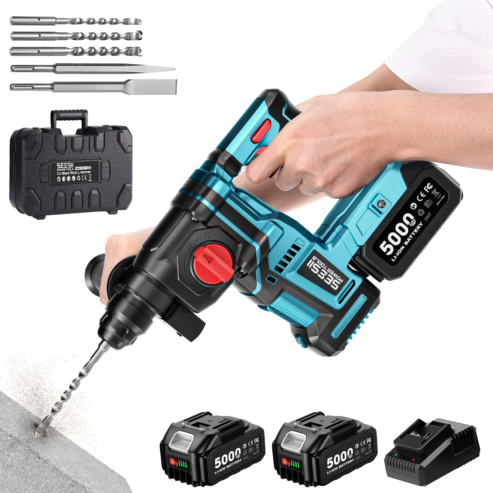 SEESII 3-in-1 Akku Bohrhammer SDS-Plus: Bohren, Hammerbohren, Meißeln mit 2 * 5,0Ah Akkus & Ladegerät, LED-Lampe, 900W Bürstenloser Motor, 2,3J Schlagbohrmaschine für Heimwerker und DIY-Projekte