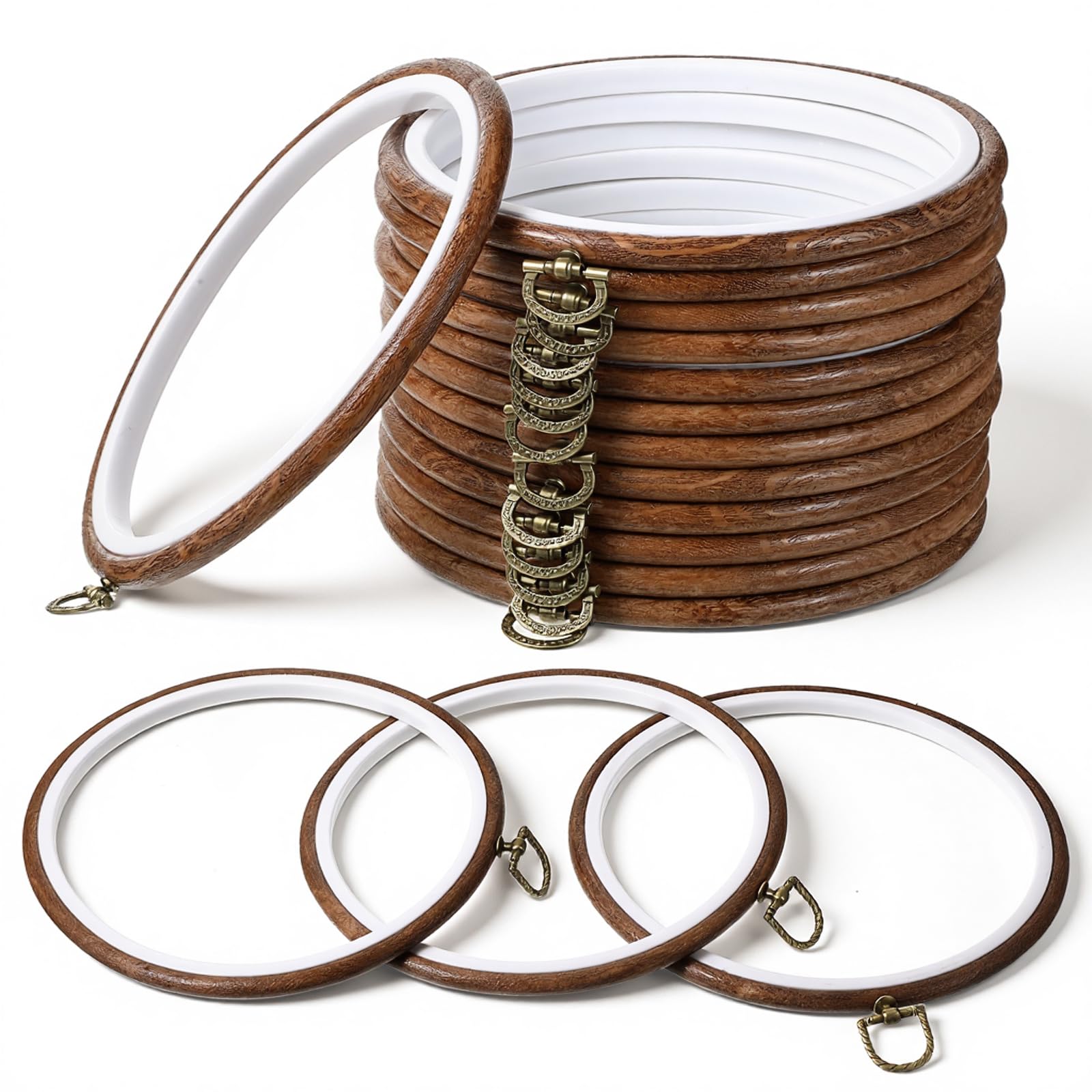 Yuanan 15 PCS 8 Inch Embroidery Hoop Frame, Round Imitated Wood Cross Stitch Hoop Rubber Display Frame Circle Embroiderys Frames for DIY Art Craft Sewing Hanging Christmas Ornaments