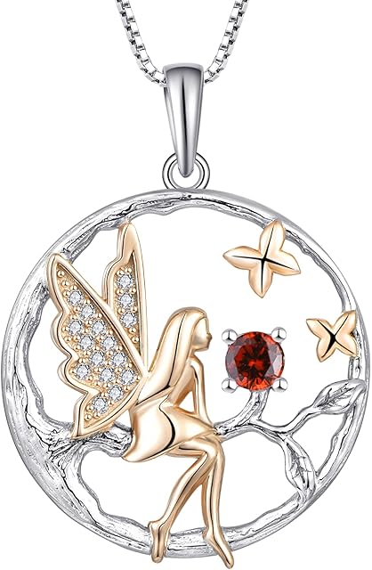 FJ Guardian Angel Pendant Necklace 925 Sterling Silver Tree of Life Necklace Butterfly Fairy Necklace with Birthstone Cubic Zirconia Jewellery Gifts for Women Girls