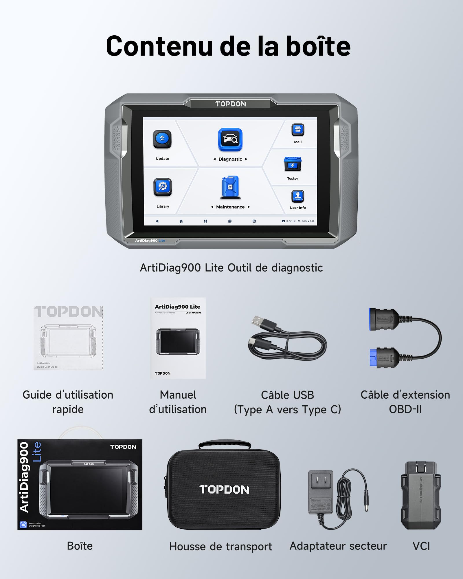 TOPDON Valise Diagnostic Auto ArtiDiag900 Lite pour système Complet, lecteur de code OBD2 Bluetooth sans fil avec 8+ fonctions de réinitialisation, test actif, AutoVIN, tous les logiciels 2 an gratuit