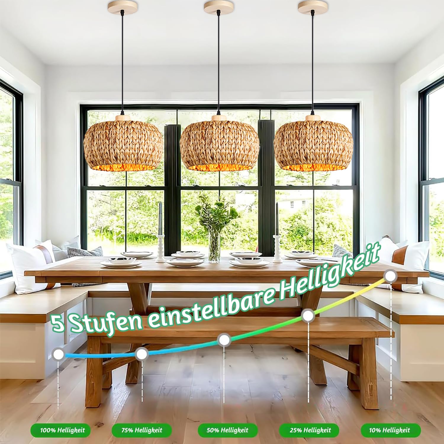 Lampada a Sospensione Boho in Rattan E27 con Batteria, Lampada a Sospensione Vintage in Bambù per Interni, Regolabile con Telecomando, Lampada a Sospensione con Lampadine RGB Ricaricabili per Sala da
