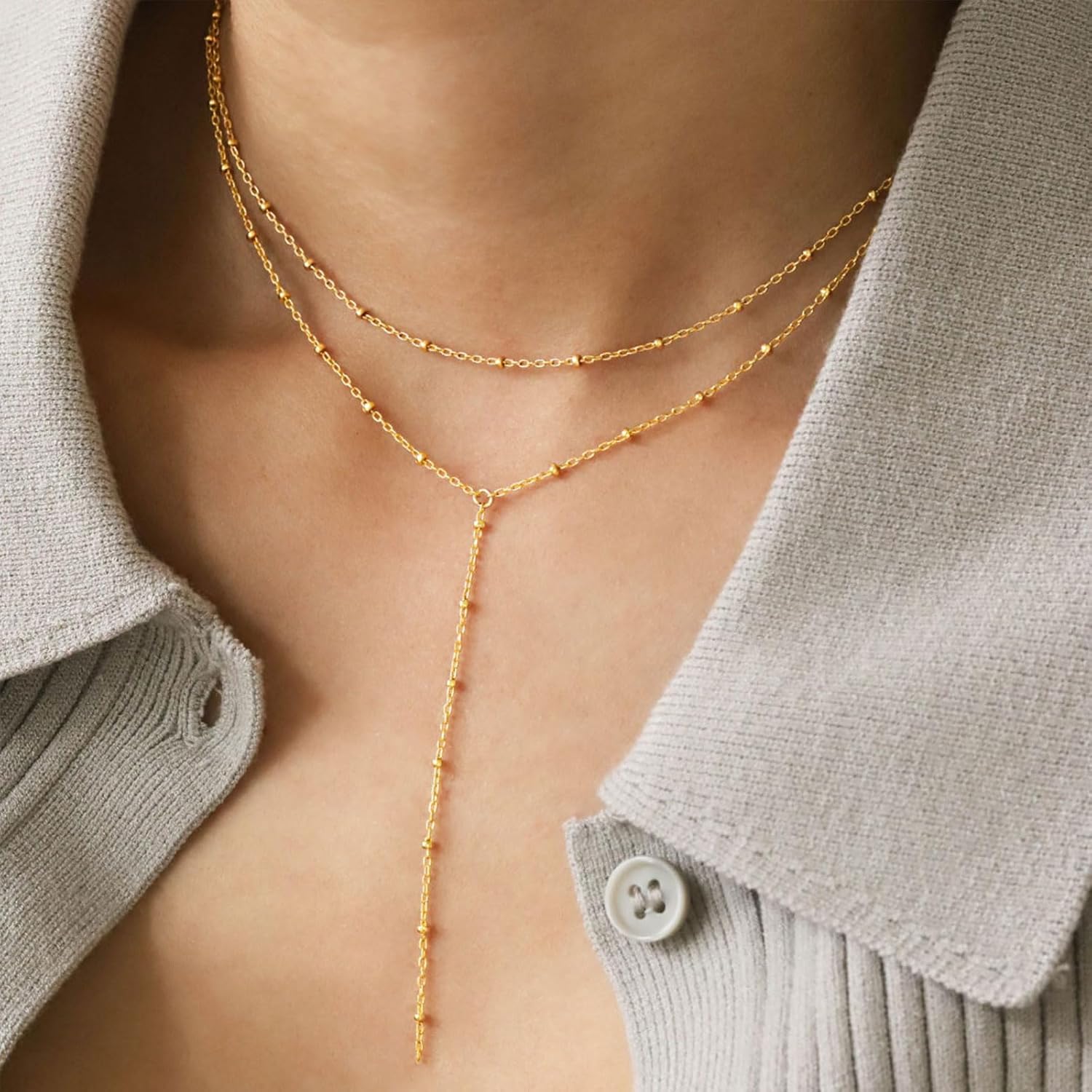 VRIUA Gold Necklace for Women, Dainty Gold Necklace 14K Gold Plated Lariat Pearl Y-Shaped Necklace Layered Bead Chain Diamond Drop Necklaces Minimalist Jewelry for Women - Image 3