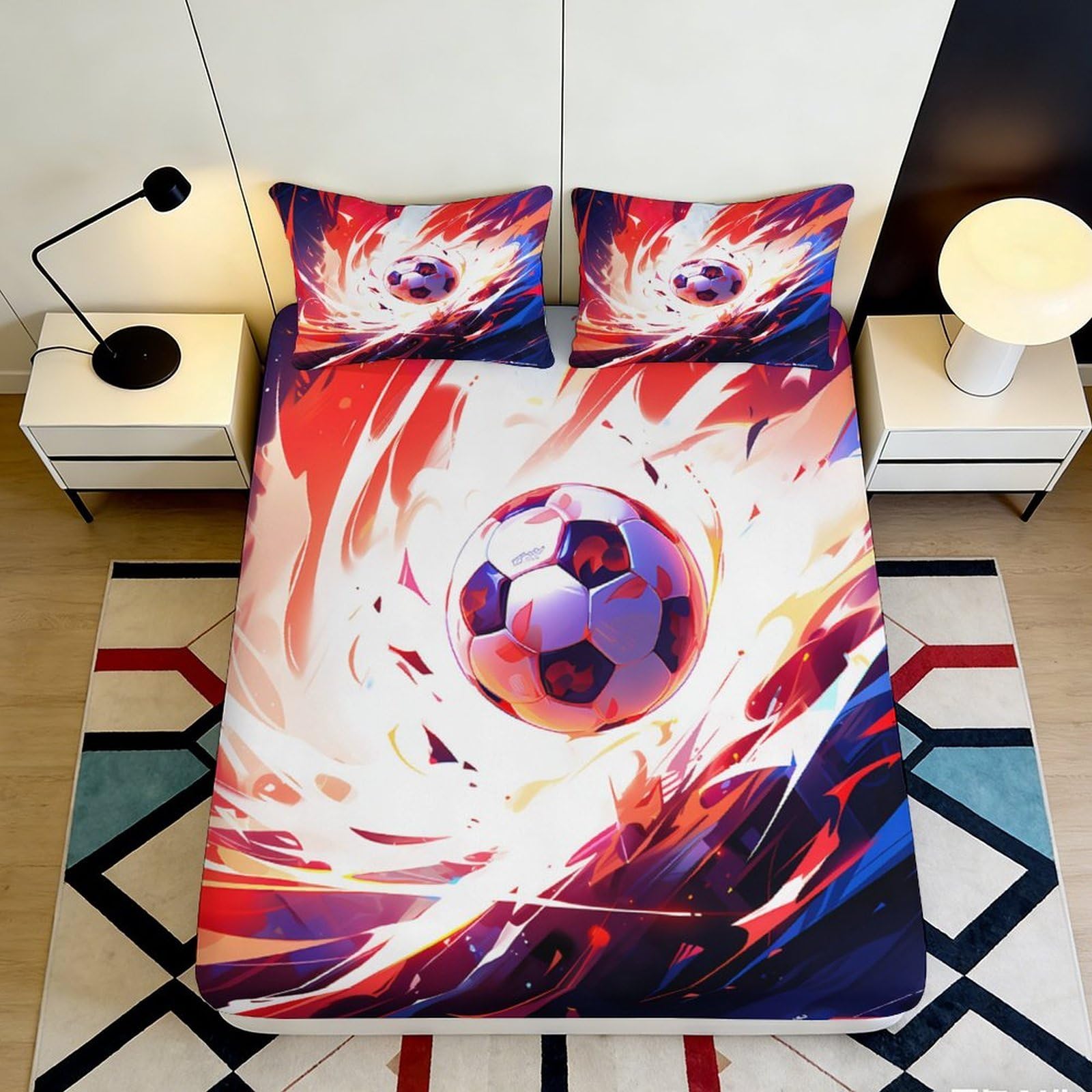 3D Printed Dynamic Soccer Fitted Sheet Microfiber Red Blue Splash Mattress Cover for Bedroom Dorm Decor Protection 90x200x25cm