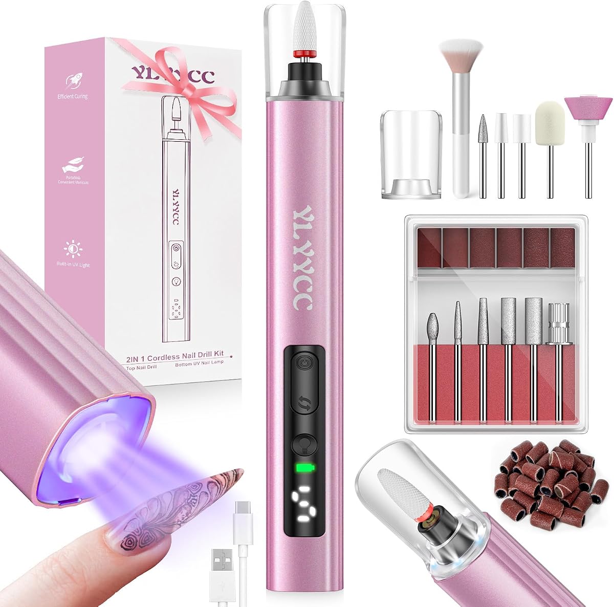 Cordless Nail Drill Electric File Kit with UV Nail Lamp | Portable, Rechargeable, Nail Drill Machine, for Acrylic, Gel Dip, Powder Nails