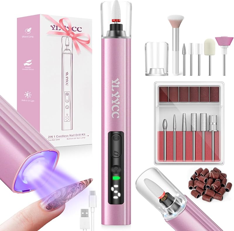 Cordless Nail Drill Electric File Kit with UV Nail Lamp | Portable, Rechargeable, Nail Drill Machine, for Acrylic, Gel Dip, Powder Nails