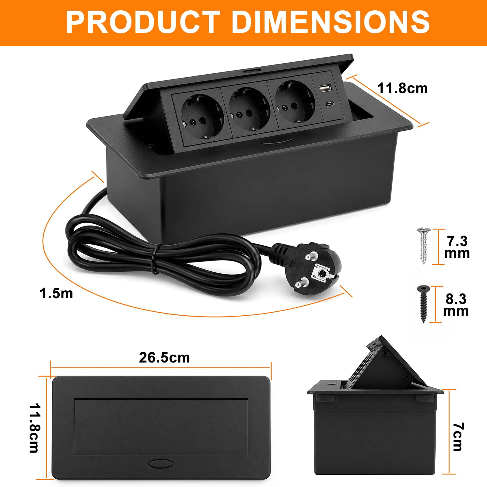 Wysuwane gniazdko, 3680 W/16 A/230 V, 3-krotna listwa zasilająca na biurko, z kablem 1,5 m i 1 m typu C, szybkie ładowanie USB, gniazdko stołowe, oszczędność miejsca, do biura (czarna)