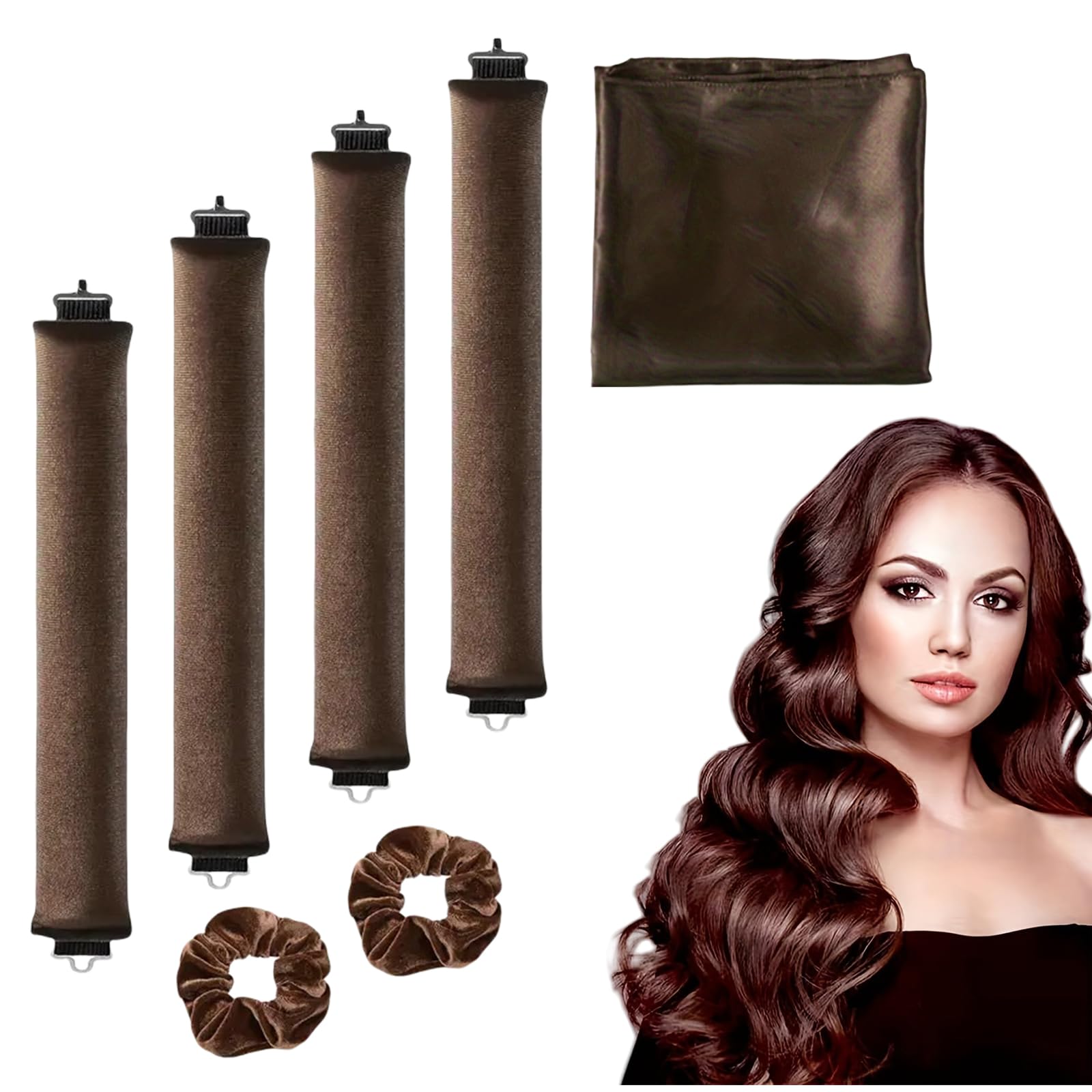 FENGZIZH Heatless Curlers, 4Pcs Heatless Hair Curlers with Satin Silk Head Hair Scarf and 2 Hair Bands