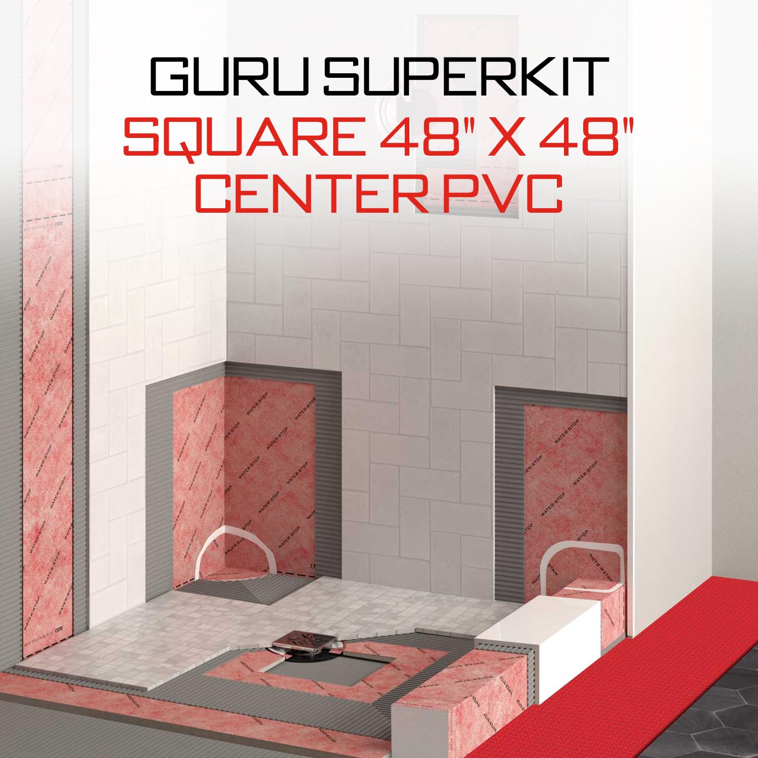 GURU USA SuperKit Square Complete Shower Kit with Heavy Duty Tray, Evo Lite Stainless Steel Drain, & Waterproof Membrane Roll, Bathroom Accessories, 48