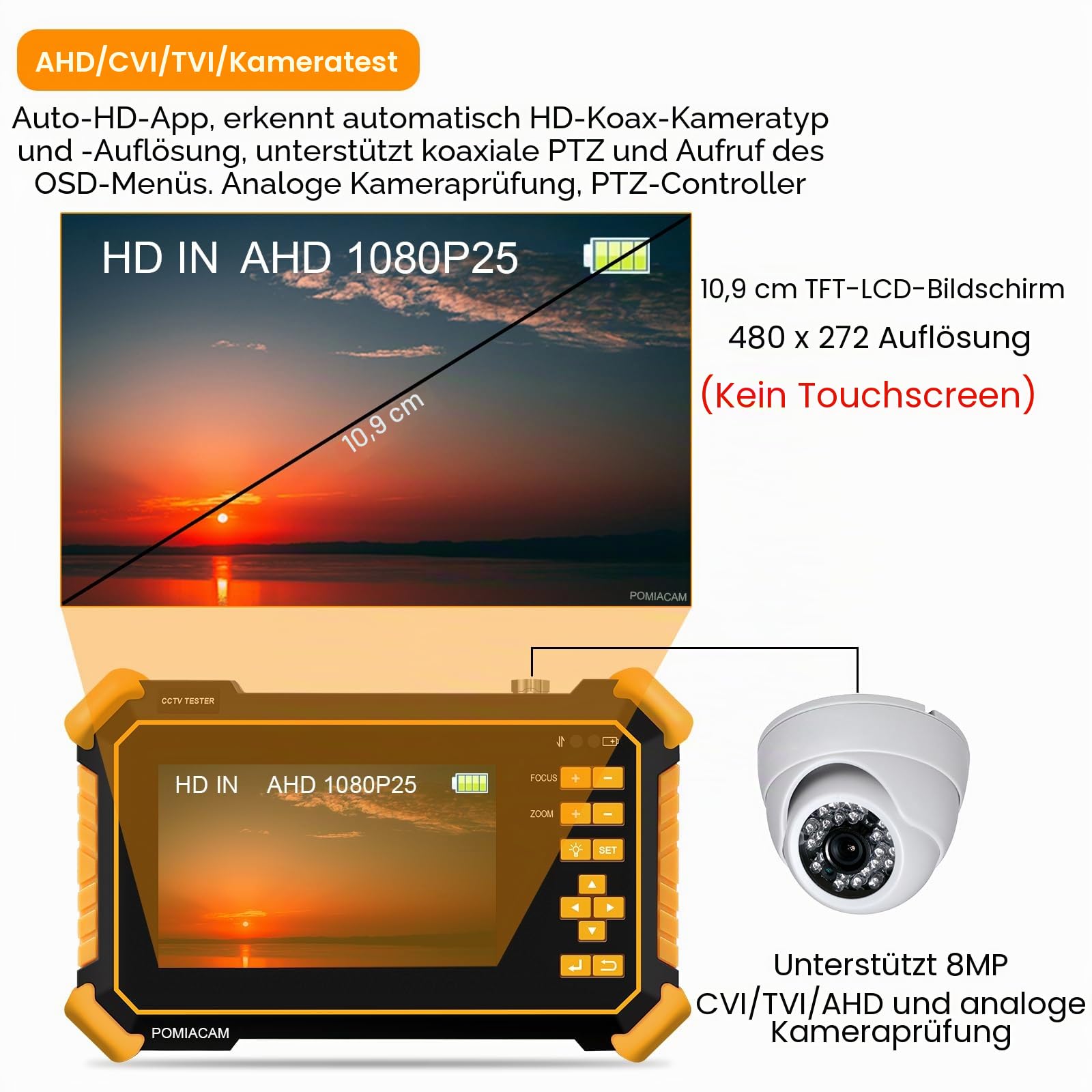 CCTV-Tester-Monitor HD-2900, 4,3-Zoll-TFT-LCD-Bildschirm, 4K, 8 MP, CVI, TVI, AHD, CVBS, analoges Video, Auto-HD-Koaxialkameratester, eingebauter 4000-mAh-Akku, DC12V-Ausgangsleistung