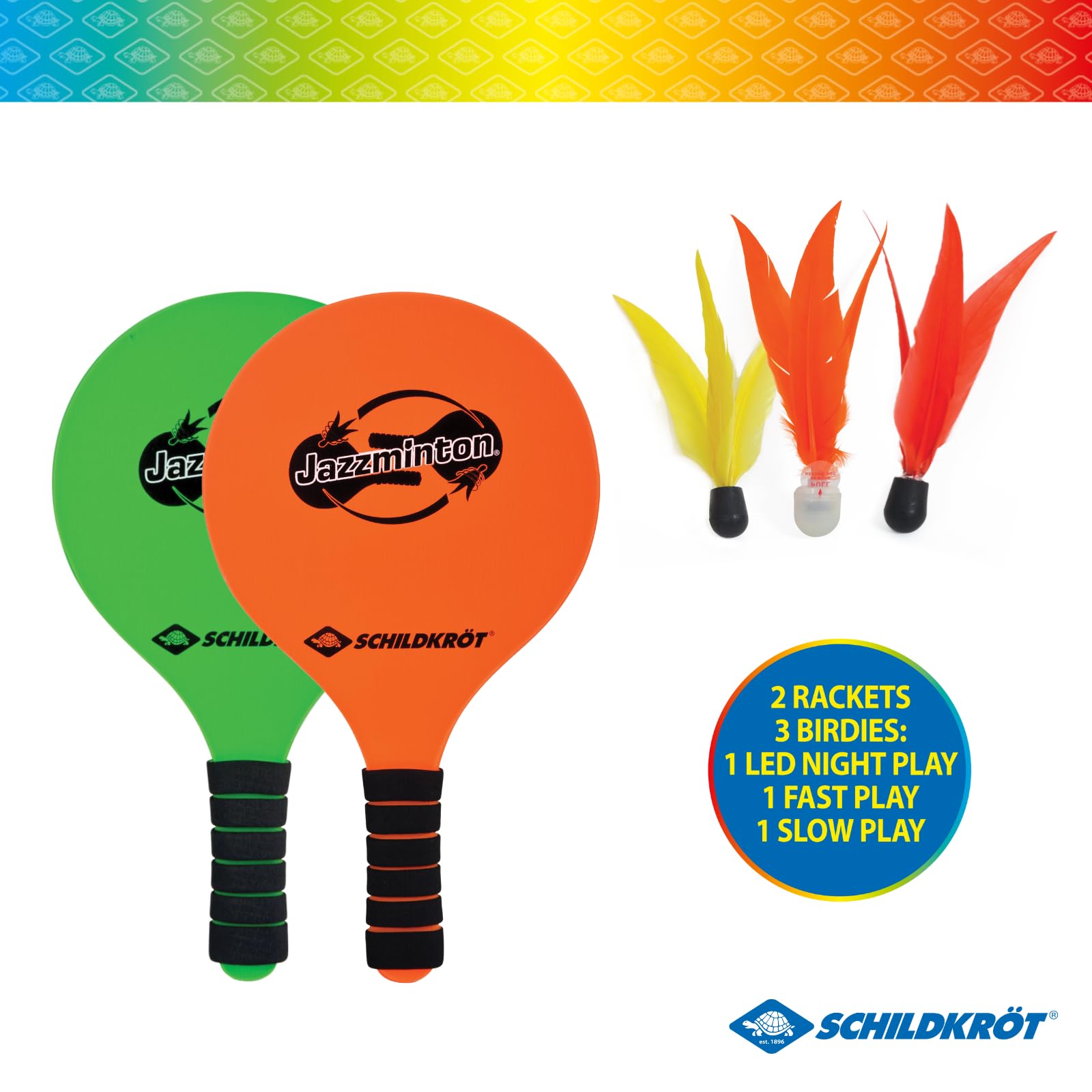 Schildkröt® Jazzminton Set, 2 Bats, 3 ptaki, LED Ball for Night Game, Beach Ball Set, Great Fun for Everyone and Anywhere