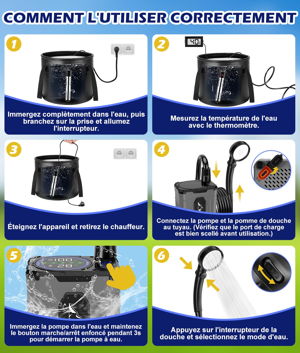 WADEO Kit Douche Camping, Seau 20L & Pompe 5 Vitesses, Autonomie 10 Jours | Pompe Douche Rechargeable 6000 mAh avec Écran LED, IPX8, Douche Chaude Camping Portable pour Voyage, Animal, Voiture, Jardin