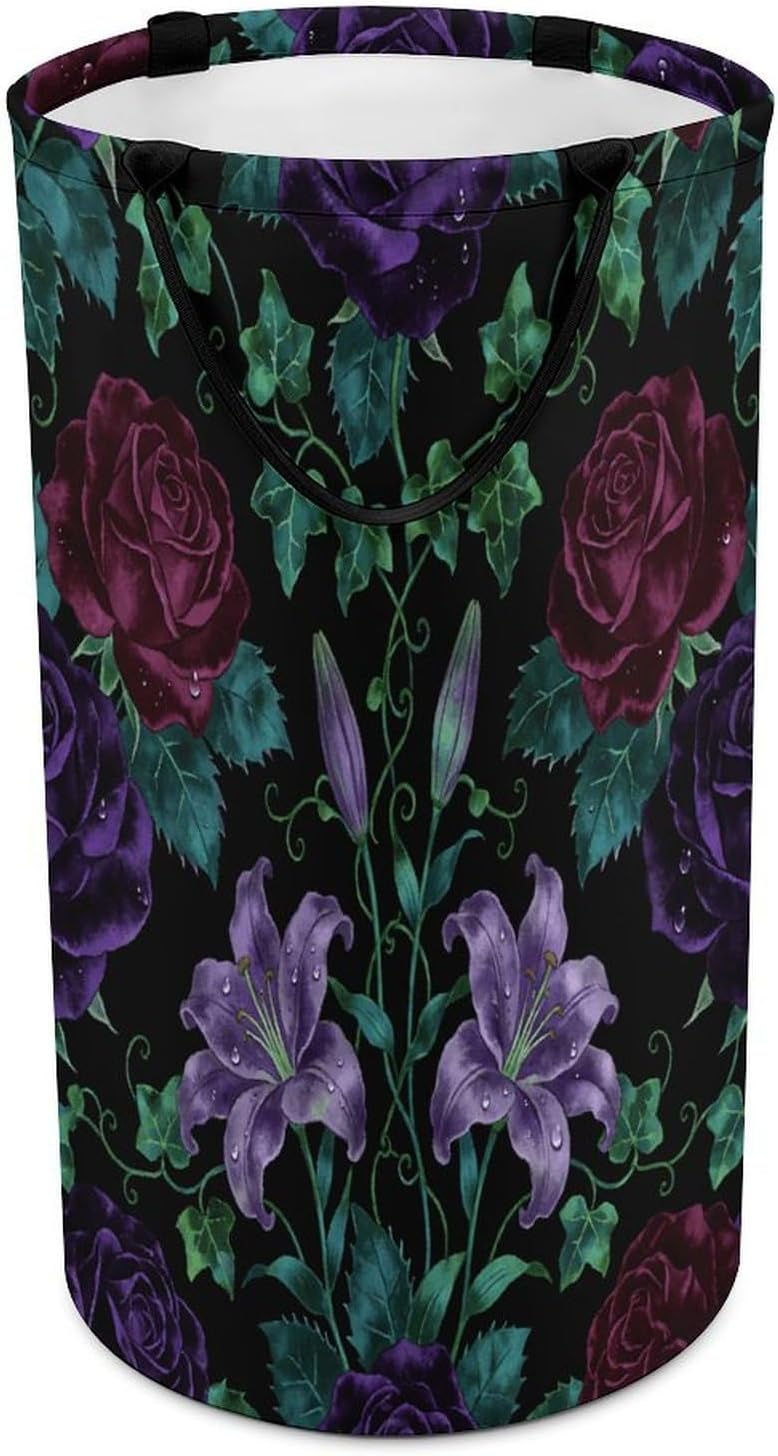 Dark Floral Pattern Laundry Hamper 86L Waterproof Collapsible Clothes Basket with Double Handles Freestanding Foldable Laundry Basket Large Clothes Hamper for Bathroom