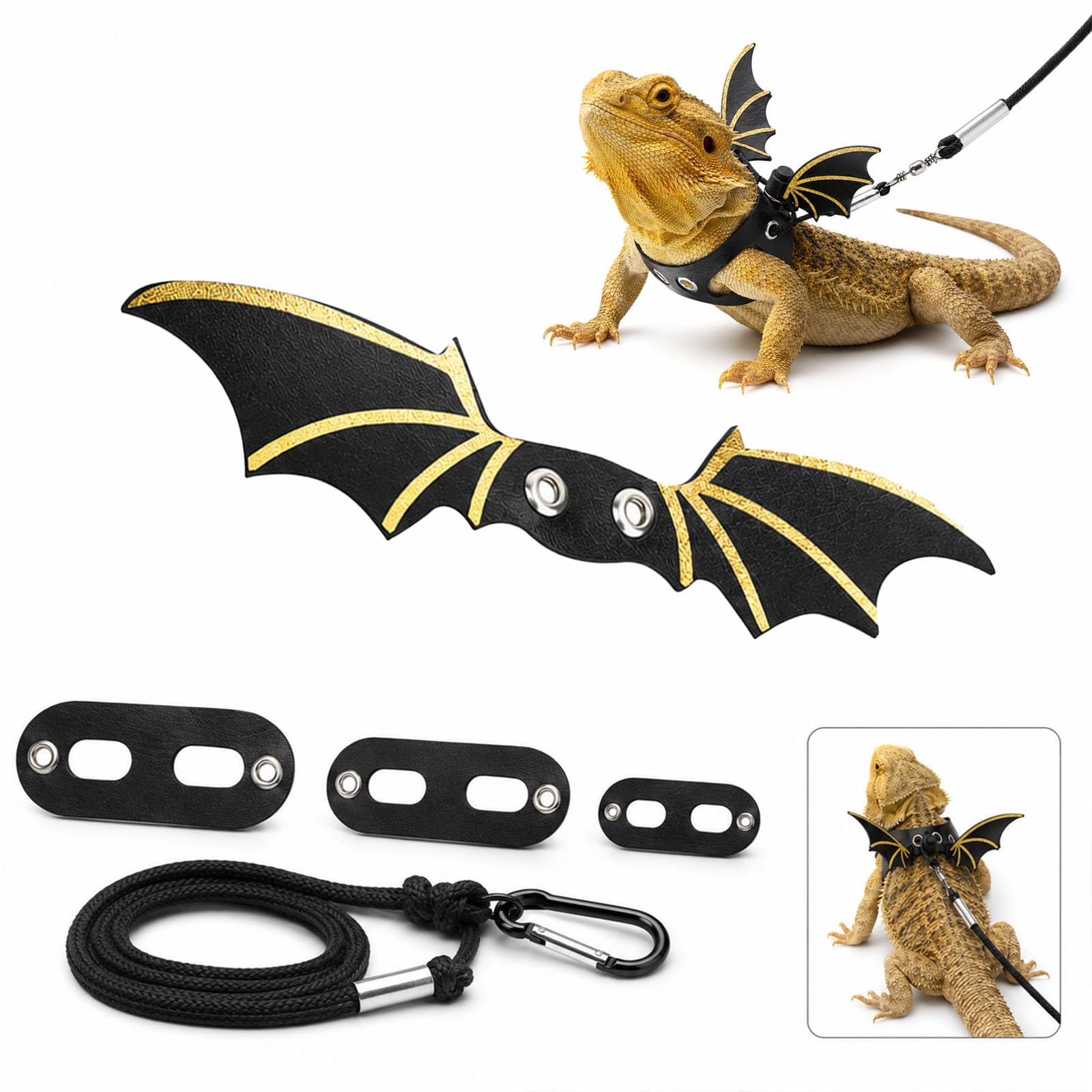 Bearded Dragon Adjustable Harness Leash 3 Sizes Leather Reptile Bat Wings