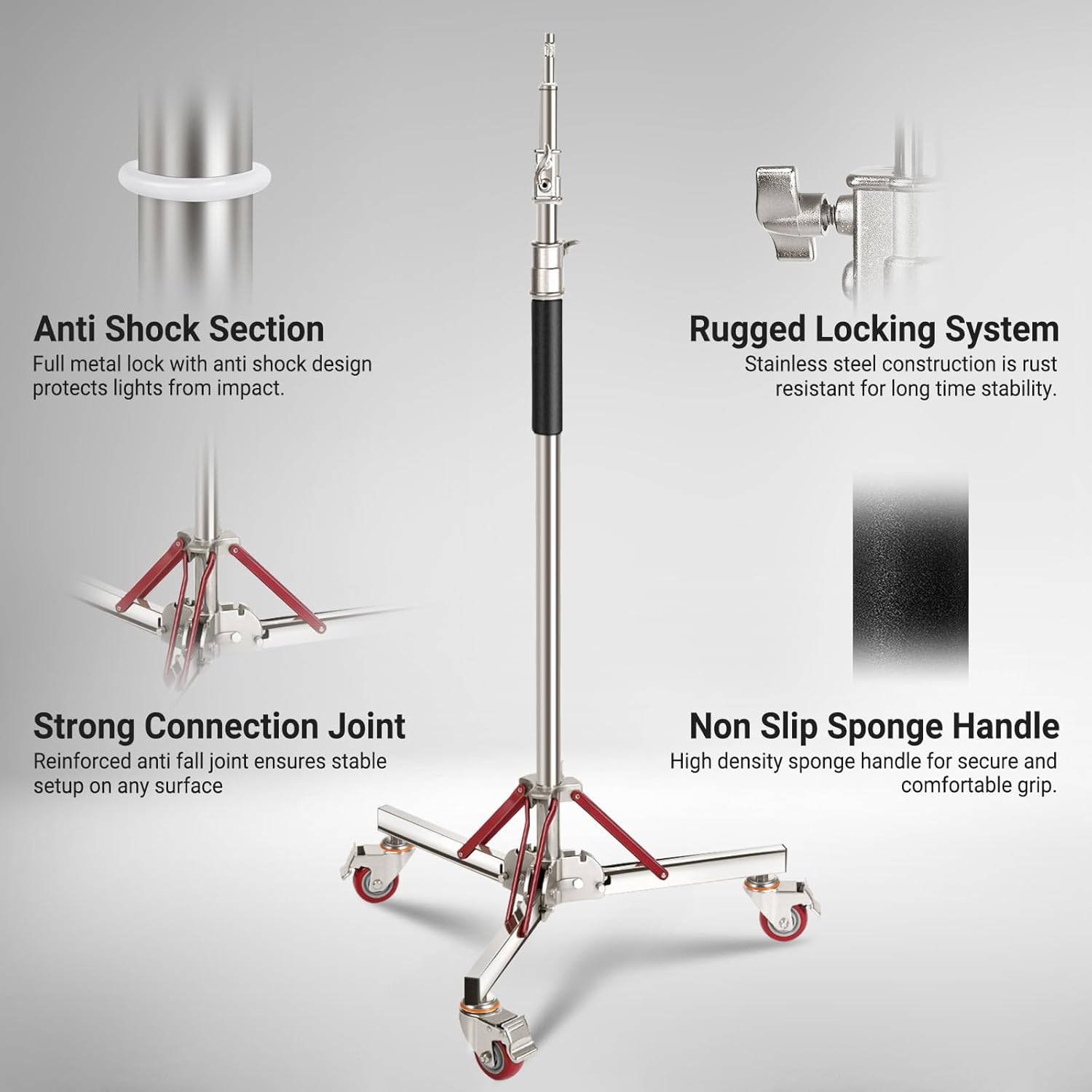 NEEWER Basics 4.3-10ft Photography Light Stand with Casters, 100% Stainless Steel Heavy Duty Tripod Stand for Strobe LED Video Ring Light Monolight Softbox Reflector, 66lb Max Load, SC305B
