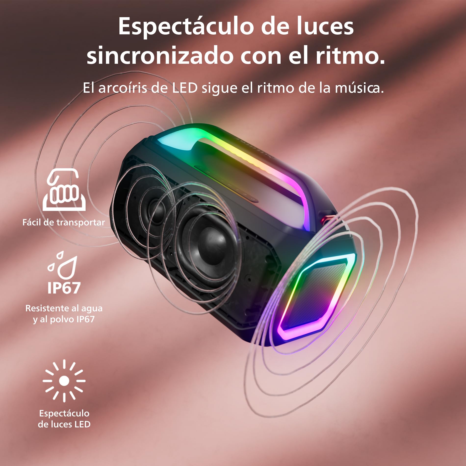 Philips TAS7000EB Altavoz Inalámbrico Bluetooth con Salida Máx.100 W, Bass+, Luces LED, Auracast, IP67, 24 H Reproducción, Batería Externa, Entrada Micro, Batería Intercambiable – Negro